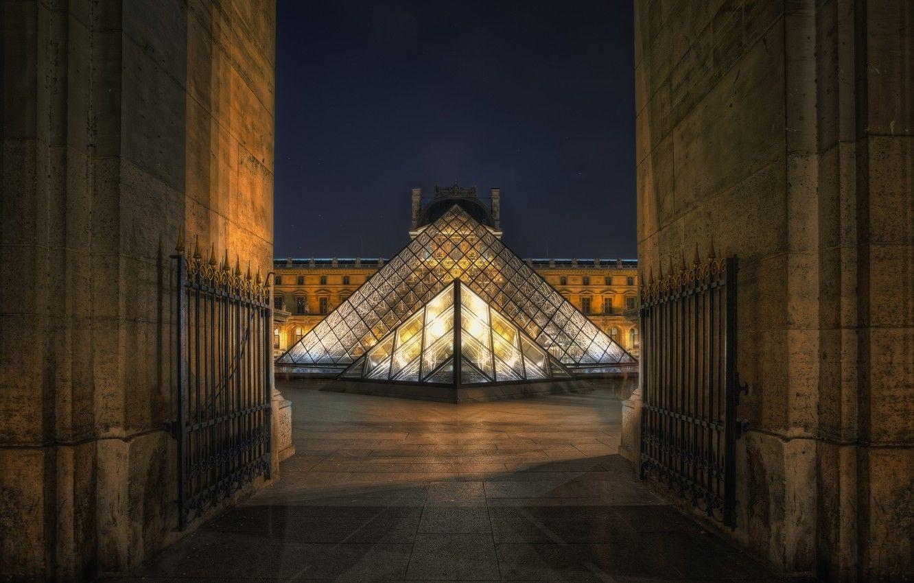 Louvre, Nacht, Museum, Paris, Pyramide, 1340x850 HD Desktop