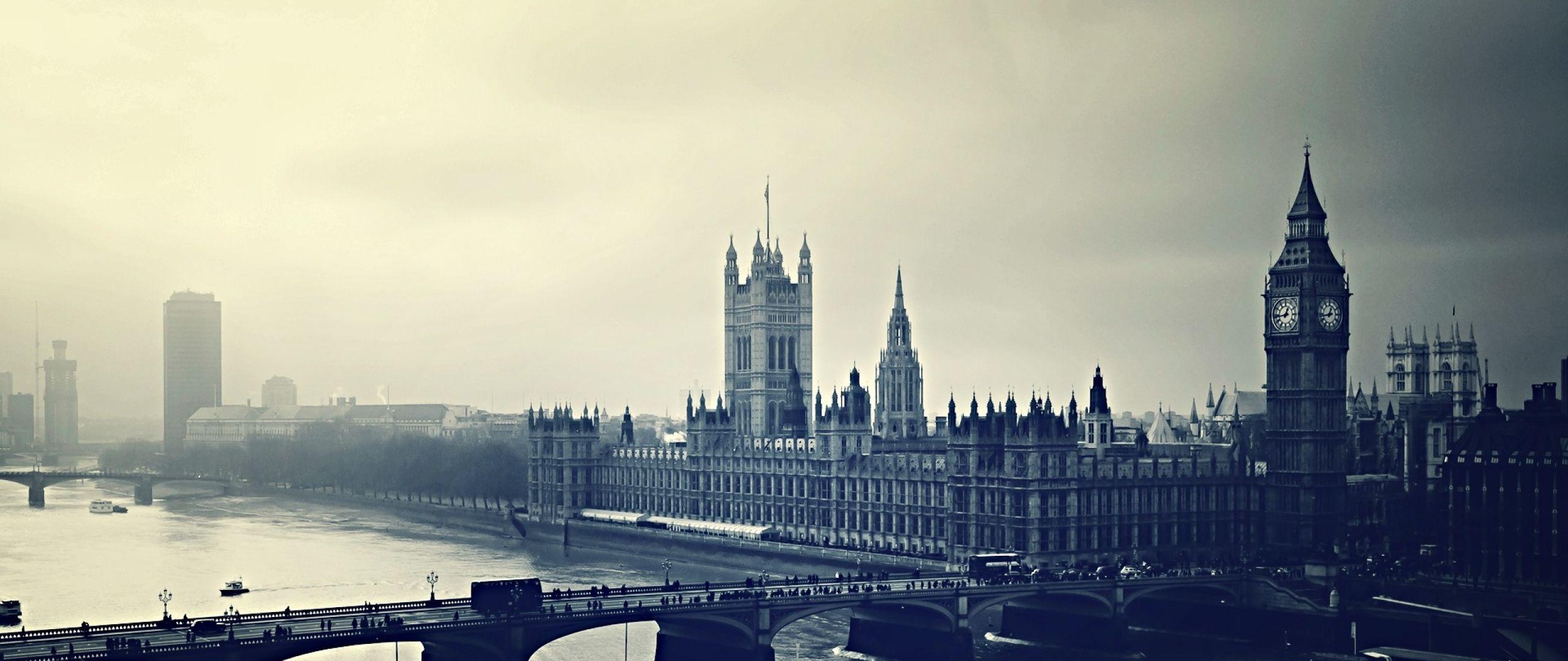 London bei Nacht, Schwarzweiß, Reisen, Großbritannien, Stadt, 2560x1080 Dual Screen Desktop