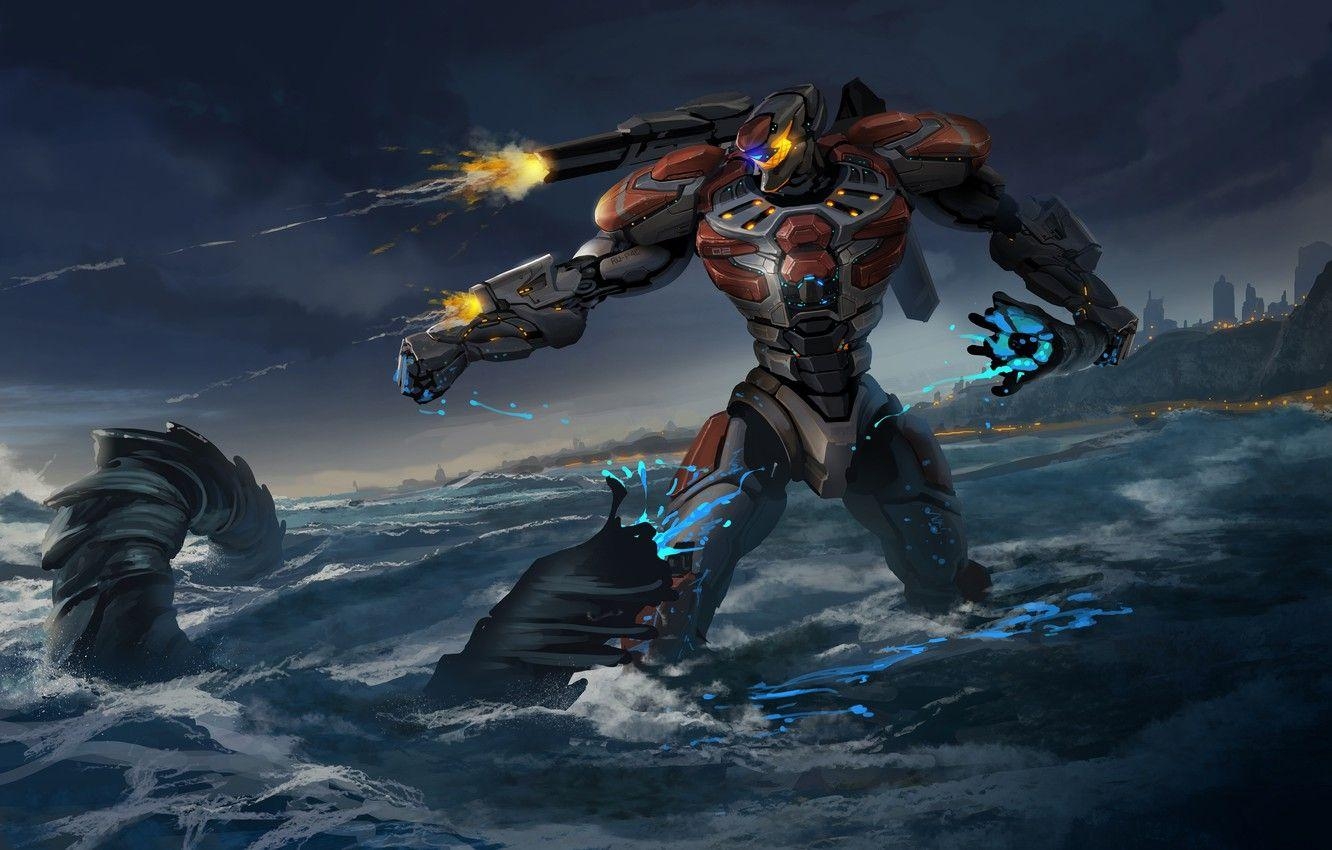 Pacific Rim, Meer, Riesenroboter, Jaeger, Science-Fiction, 1340x850 HD Desktop