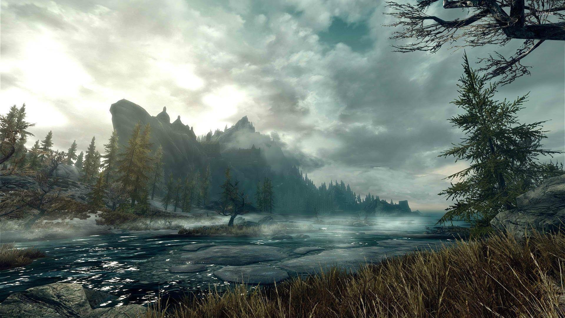 Nebeliger Fluss, Skyrim, Elder Scrolls V, Gaming, Hintergrund, 1920x1080 Full HD Desktop