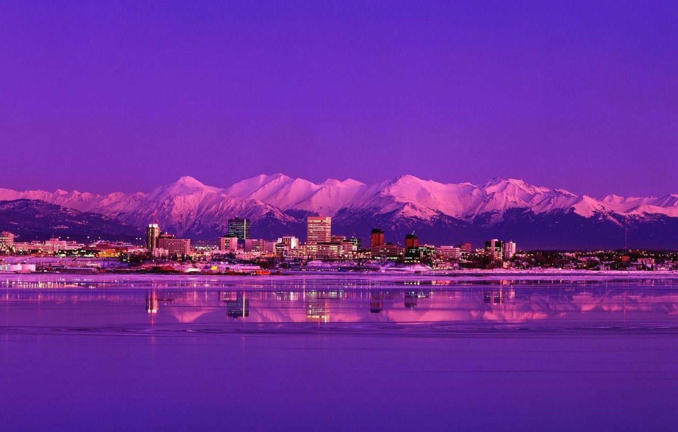 Alaska, Stadt, Nacht, Berge, See, 1340x850 HD Desktop