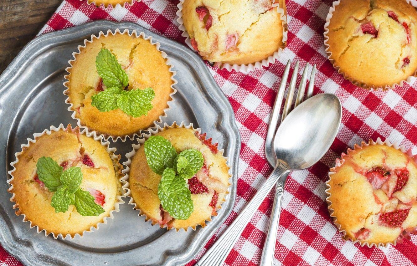 Erdbeere, Minze, Kuchen, Cupcake, Muffin, 1340x850 HD Desktop