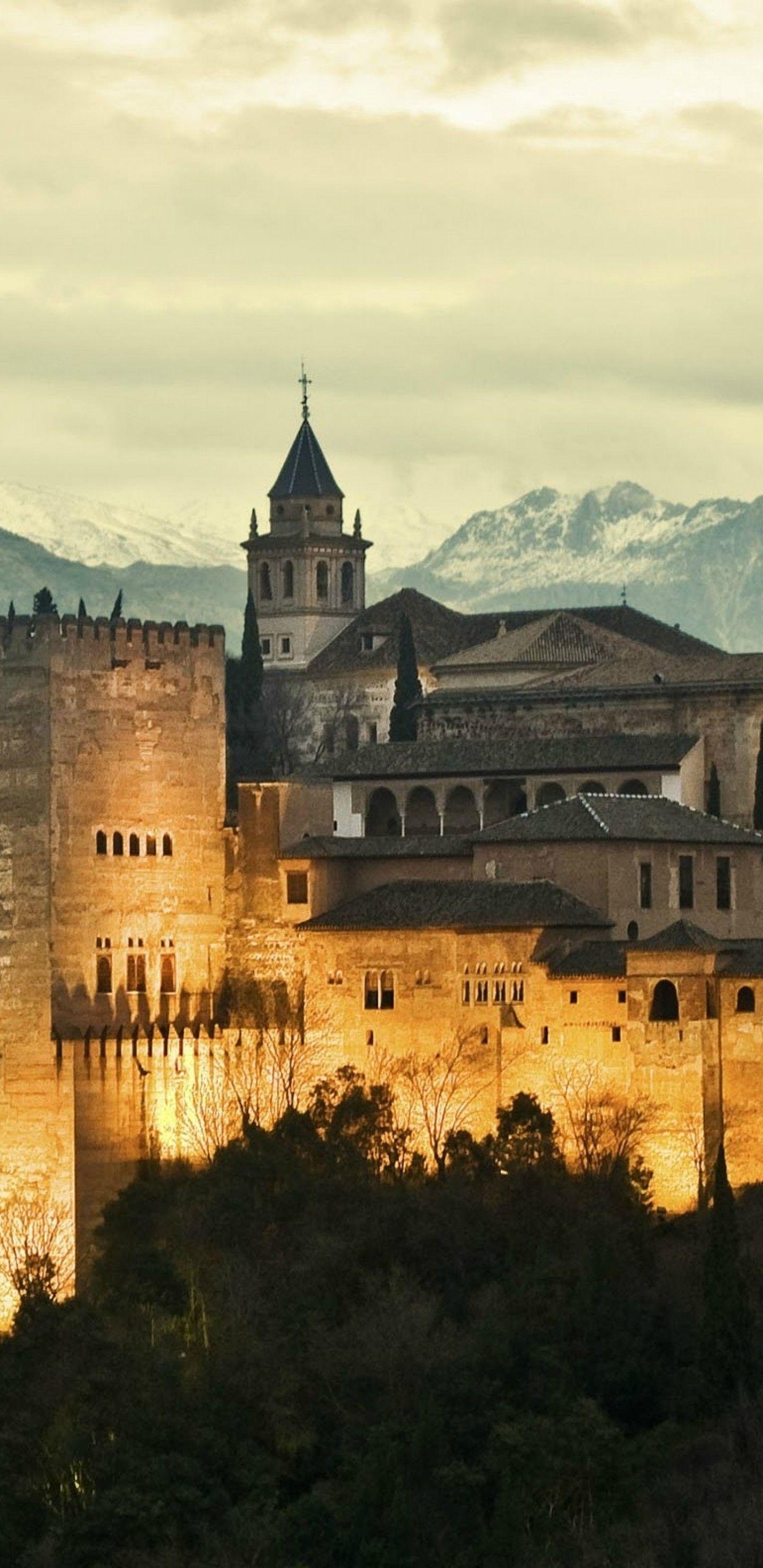 Alhambra, Spanien, Granada, Burg, Lichter, 1440x2960 HD Handy