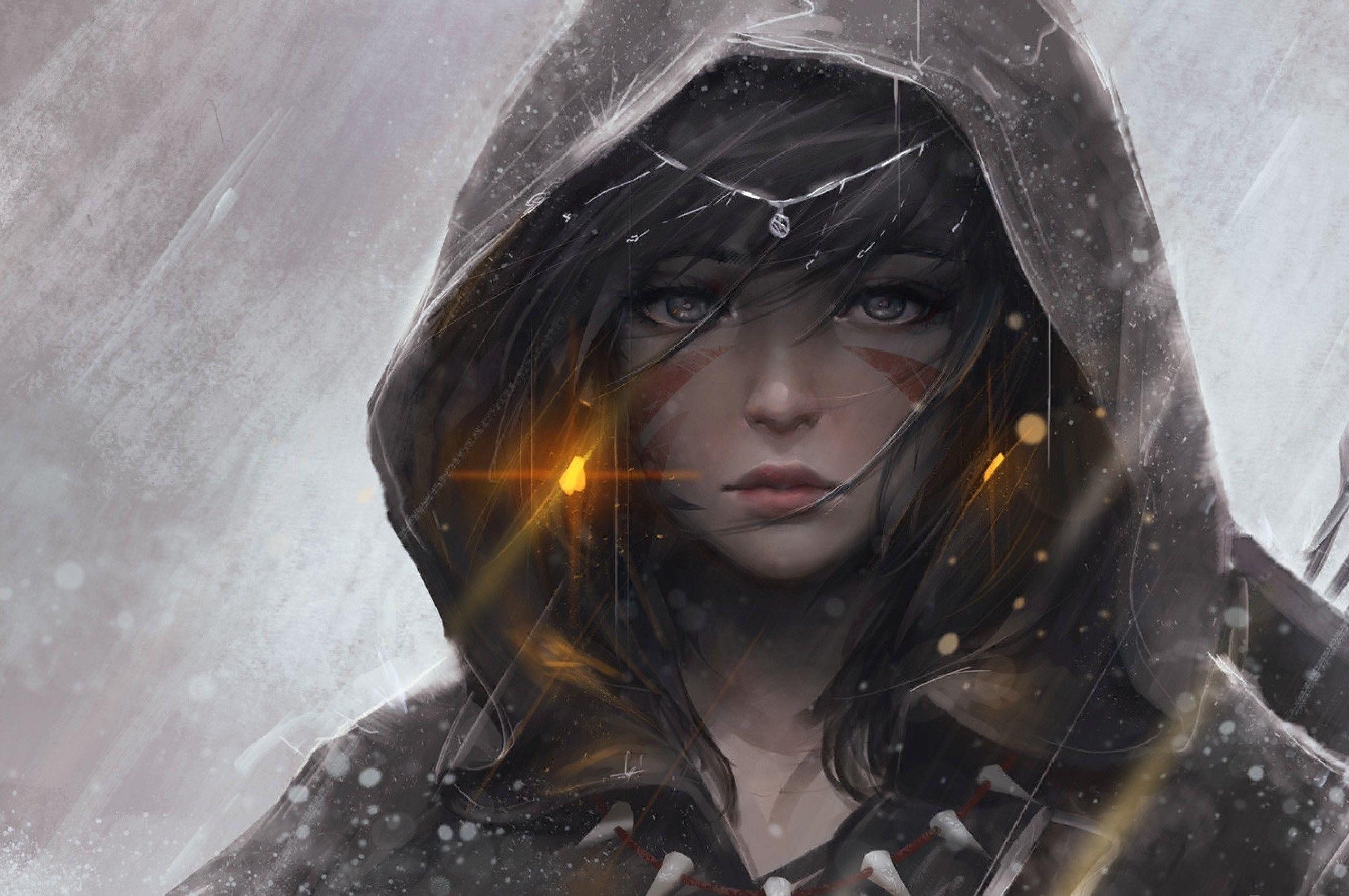 Fantasy-Mädchen, Kapuze, Braunes Haar, Ohrring, Heavy Rain, 2560x1700 HD Desktop