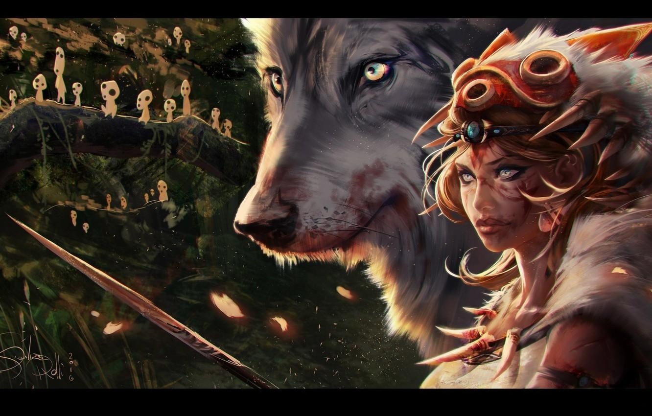 Wald, Prinzessin Mononoke, Anime, Kunst, Wolf, 1340x850 HD Desktop