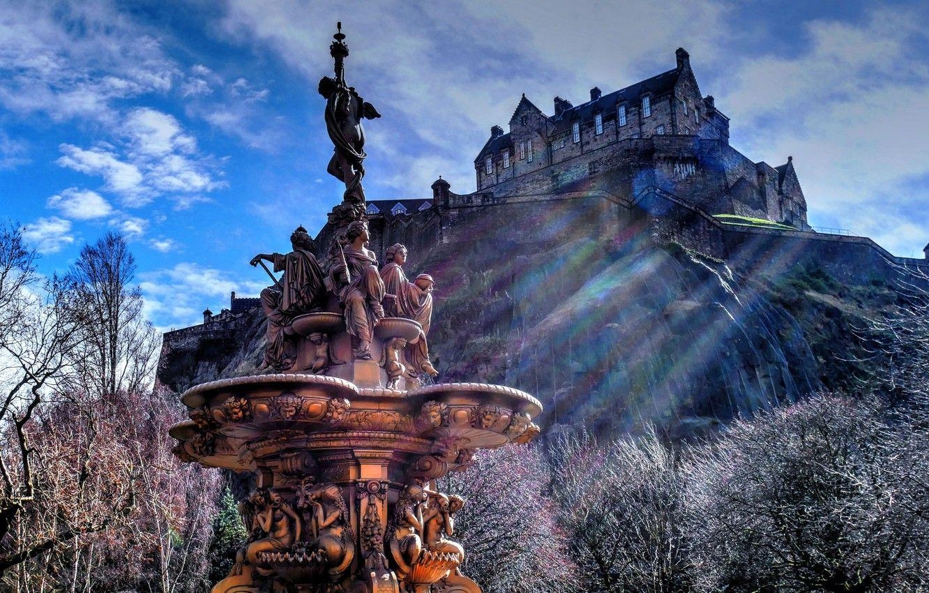 Burg, Bäume, Hügel, Springbrunnen, Schottland, 1340x850 HD Desktop