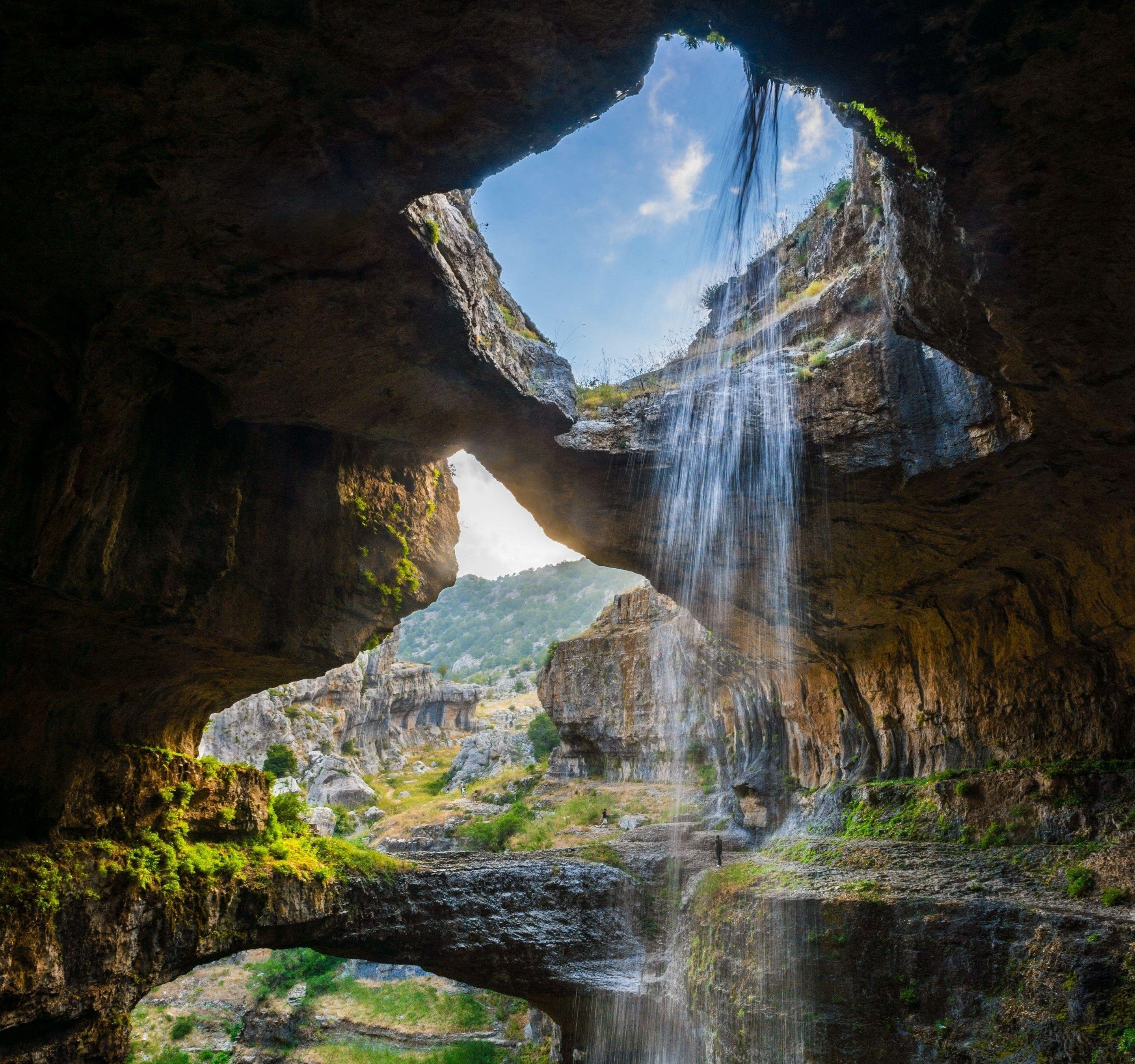 Höhlenwasserfall, Libanon, Schlucht, Erosion, Natur, 2880x2700 HD Desktop