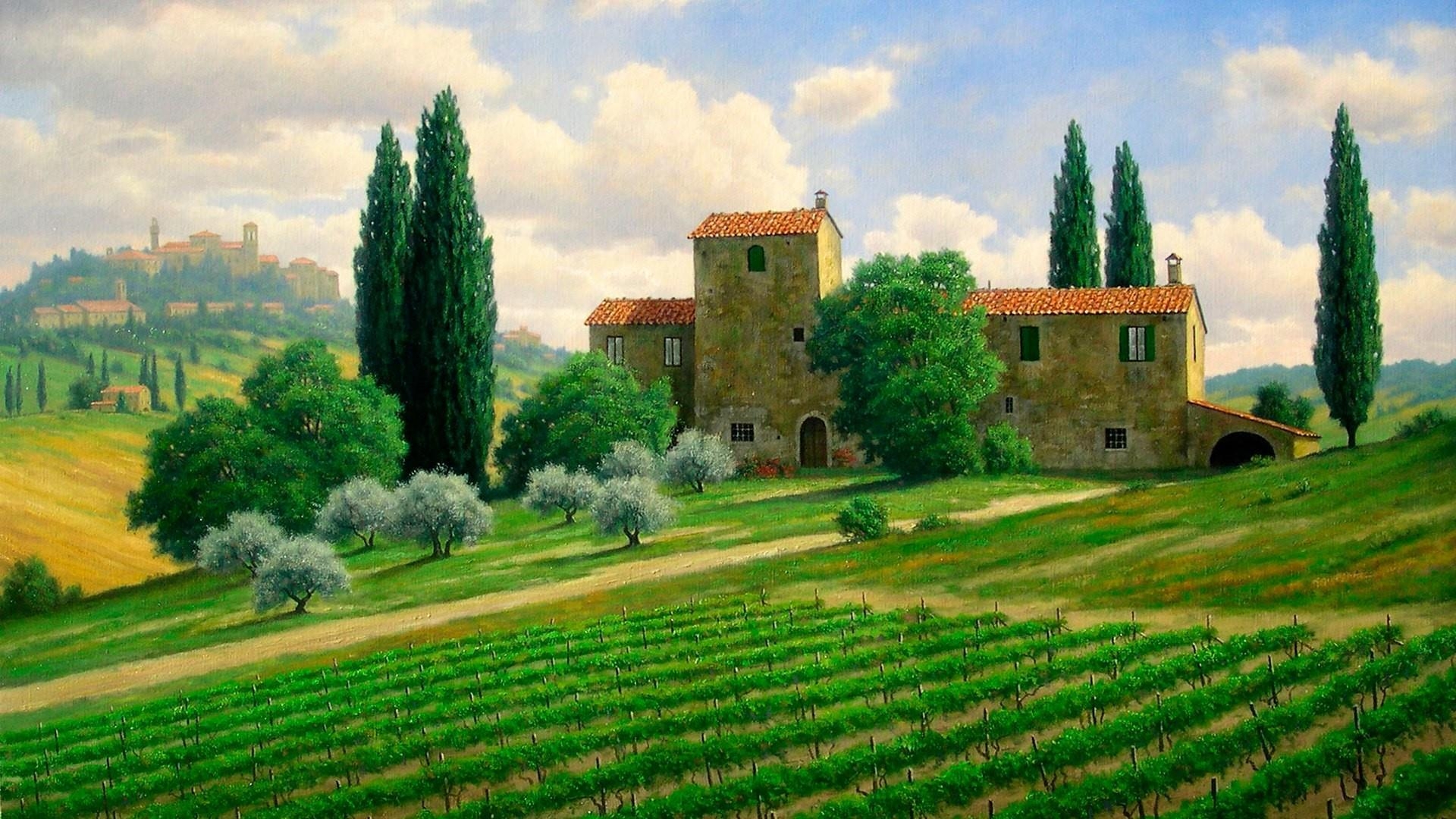 Toskana, Kunst, Italien, Landschaft, Studio-Design, 1920x1080 Full HD Desktop