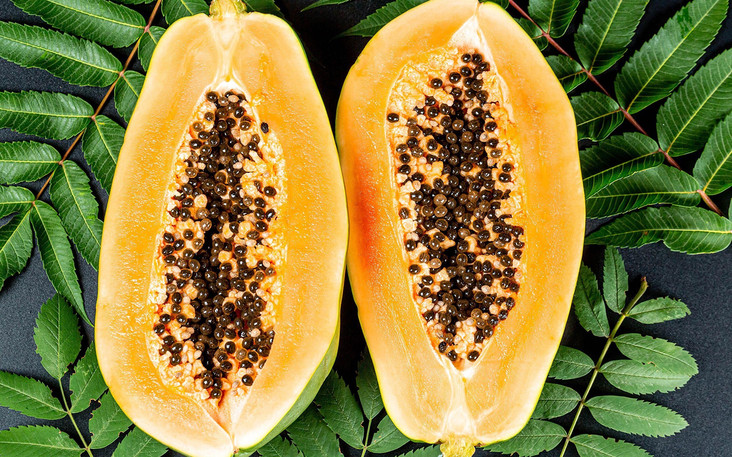 Papaya, Essen, Nahaufnahme, Frucht, Blätter, 2560x1600 HD Desktop