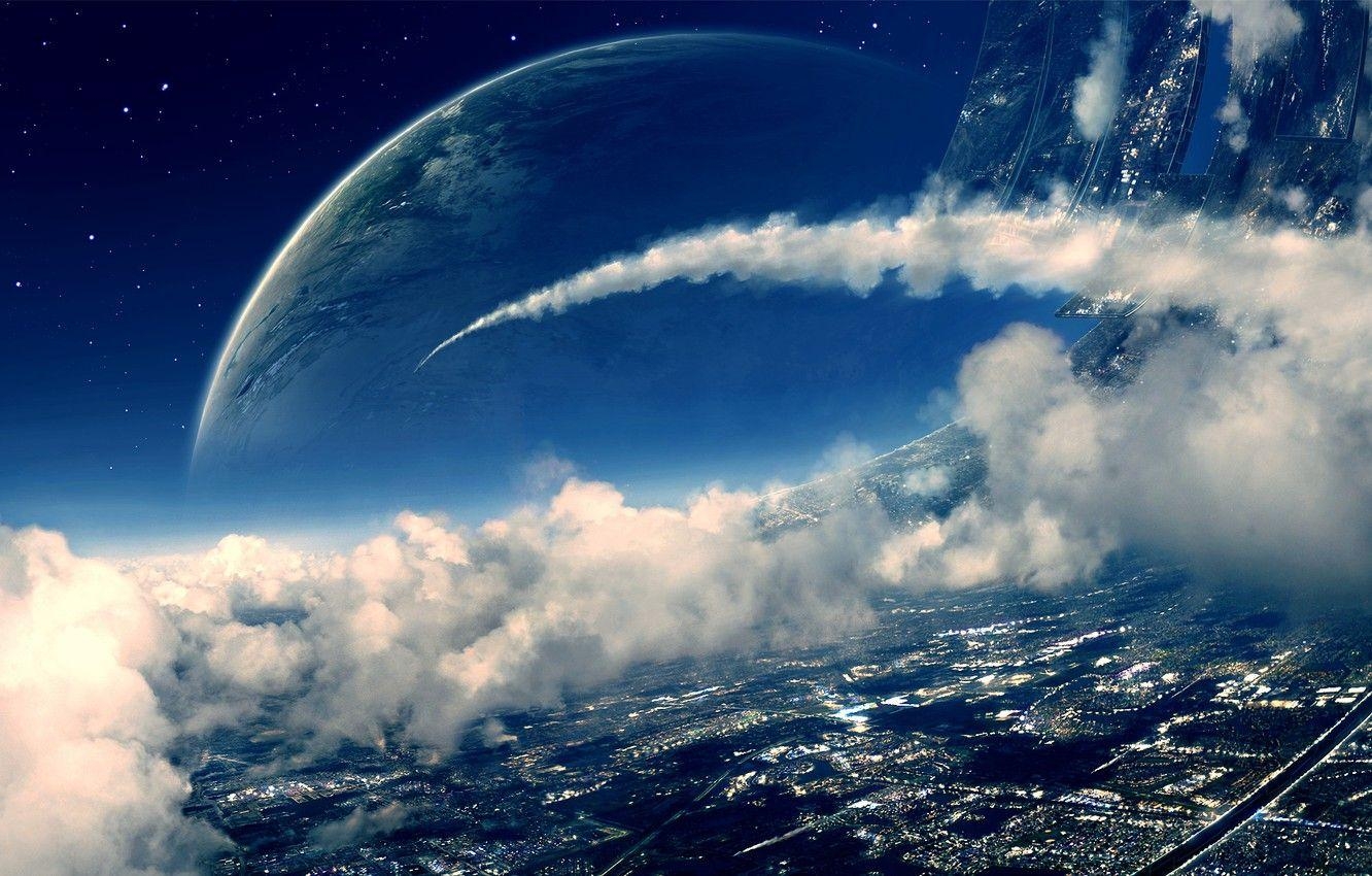 Weltraum, Wolken, Planeten, Kunst, Raumstation, 1340x850 HD Desktop