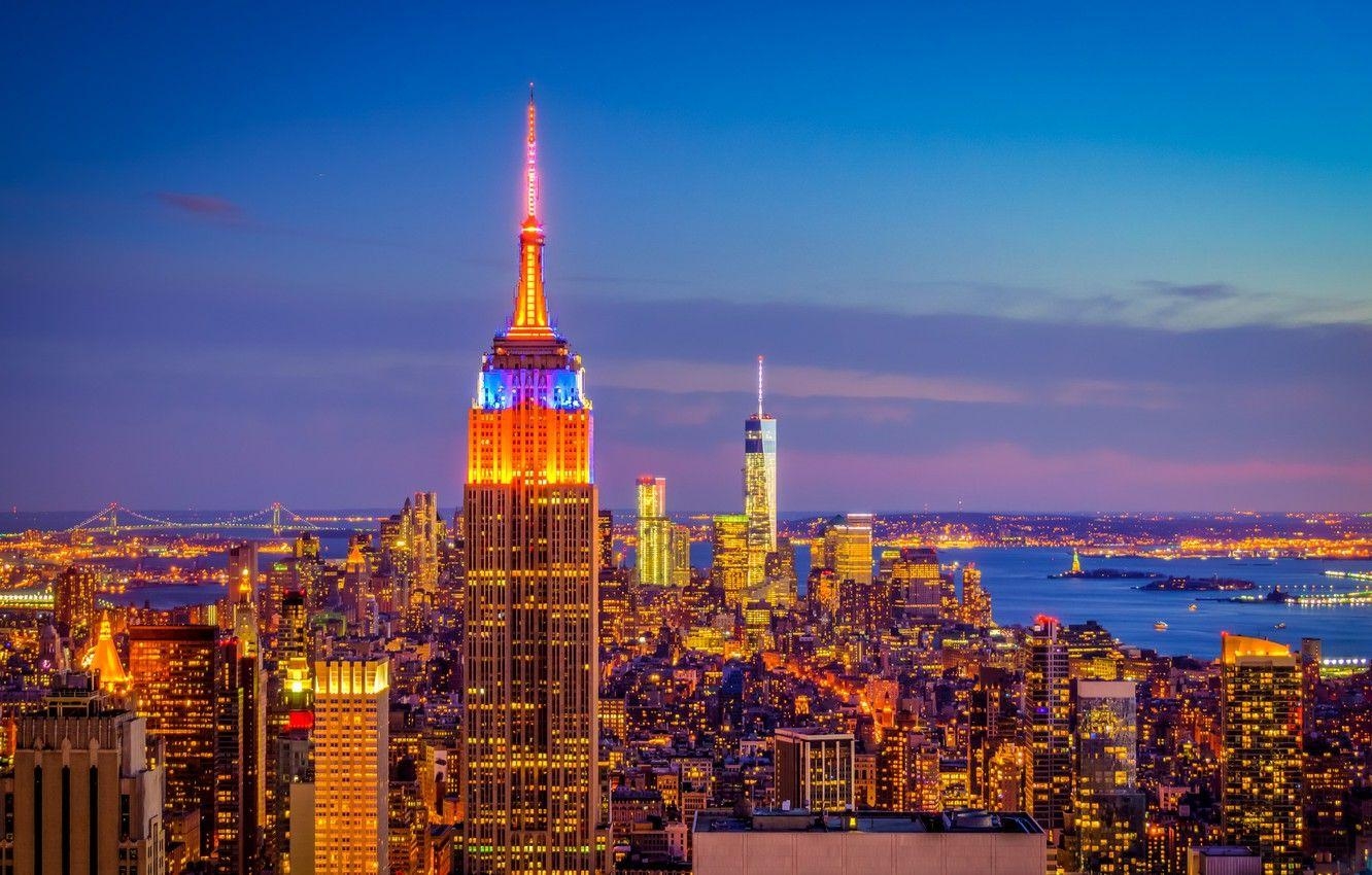 Empire State Building, Himmel, Wolken, Abend, Lichter, 1340x850 HD Desktop