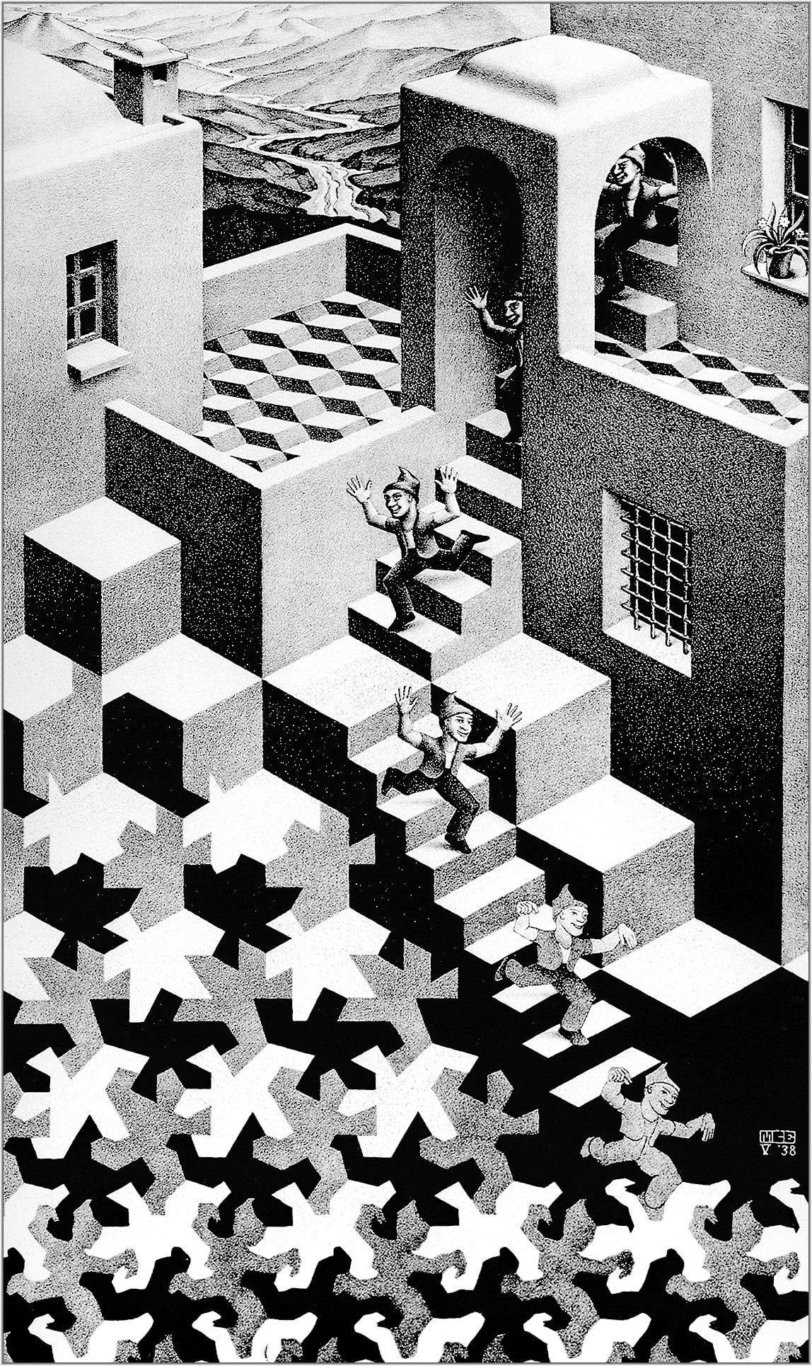 Graues Haus, Escher, Kunst, konkrete Illusion, Architektur, 1150x1930 HD Handy