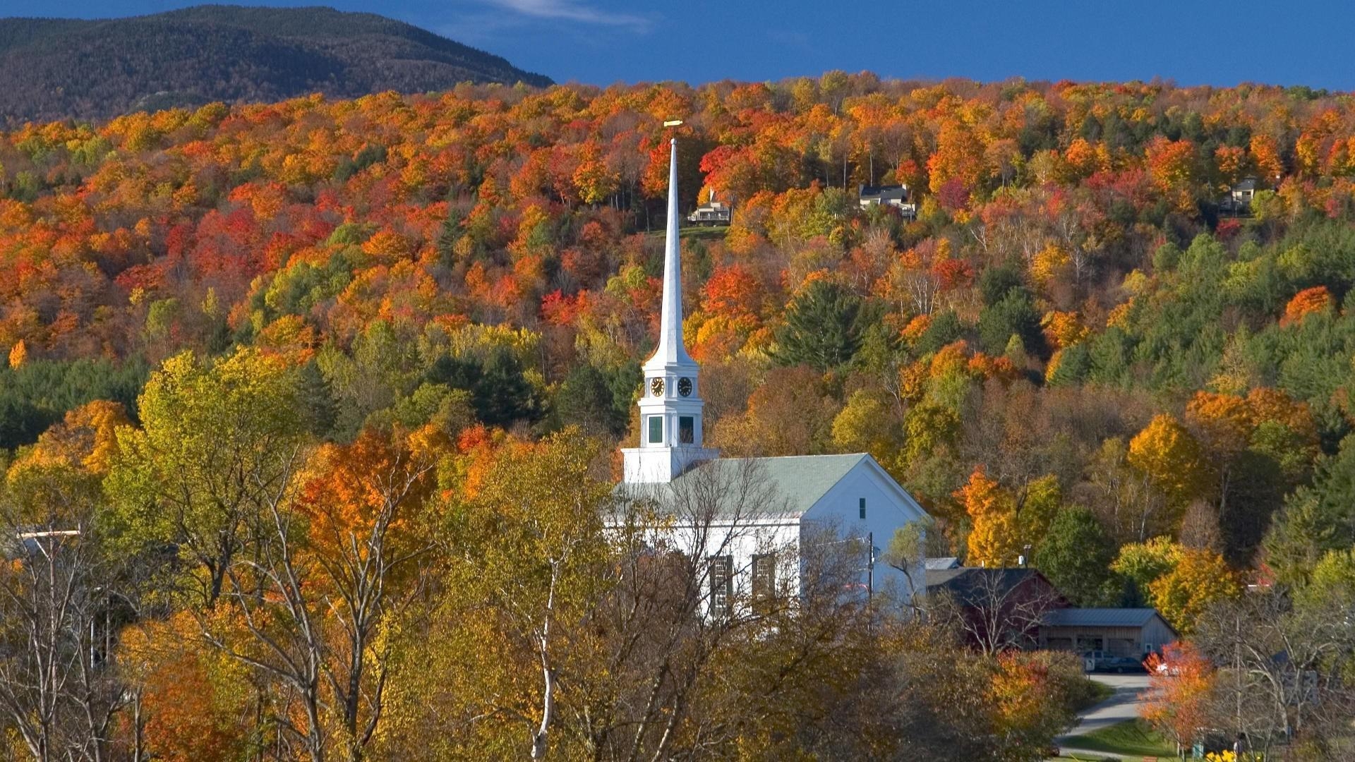 Kirche, Stowe, Vermont, Herbst, Hintergrund, 1920x1080 Full HD Desktop