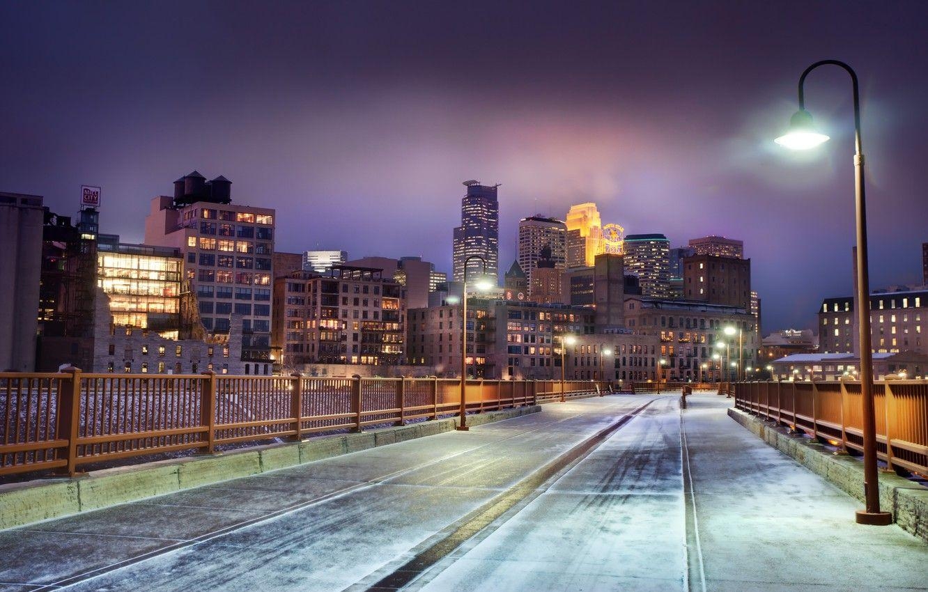 Winter, Schnee, Nacht, Minneapolis, USA, 1340x850 HD Desktop