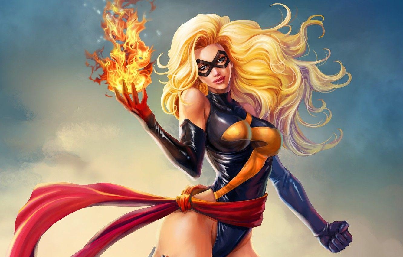 Ms. Marvel, Fliegen, Feuer, Maske, Kostüm, 1340x850 HD Desktop