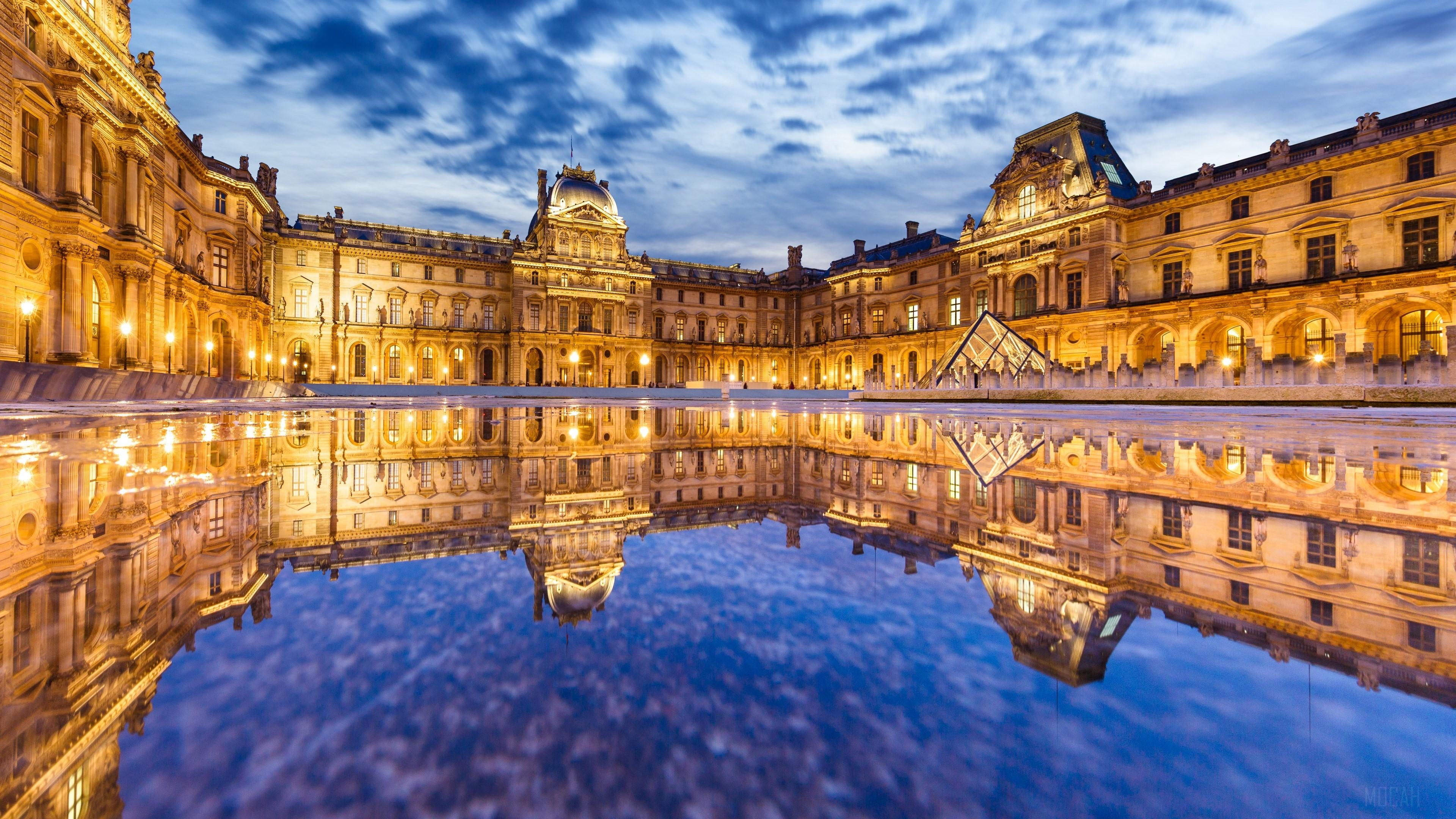 Louvre, Architektur, Nacht, Paris, Spiegelung, 3840x2160 4K Desktop