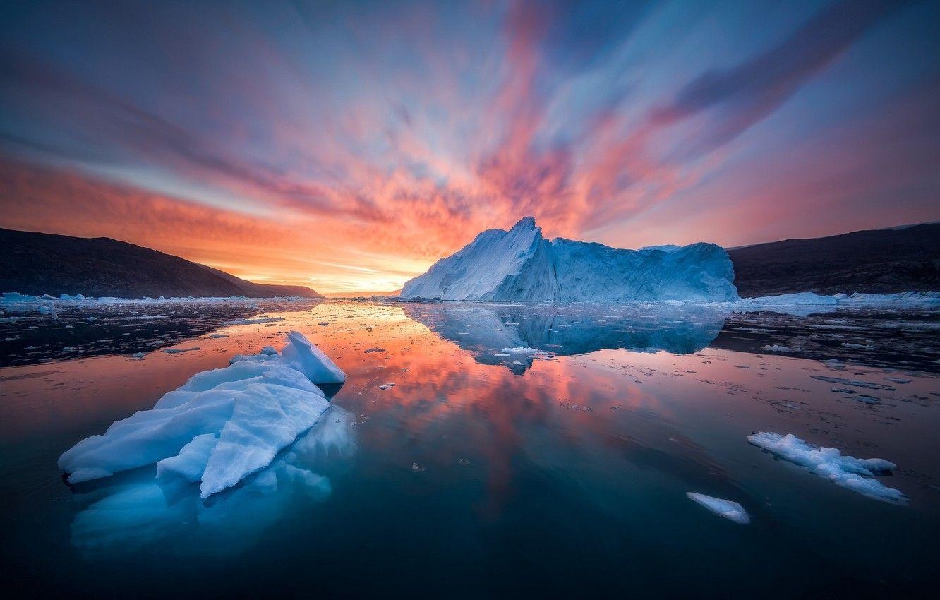 Meer, Sonnenaufgang, Eisberg, Fjord, Grönland, 1340x850 HD Desktop