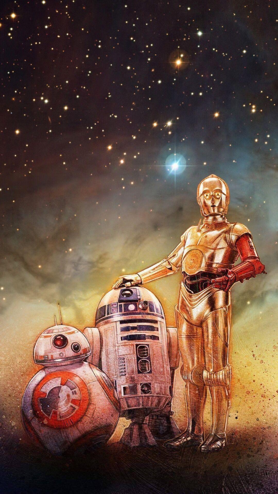 C-3PO, Star Wars, R2-D2, BB-8, Kunst, 1080x1920 Full HD Handy