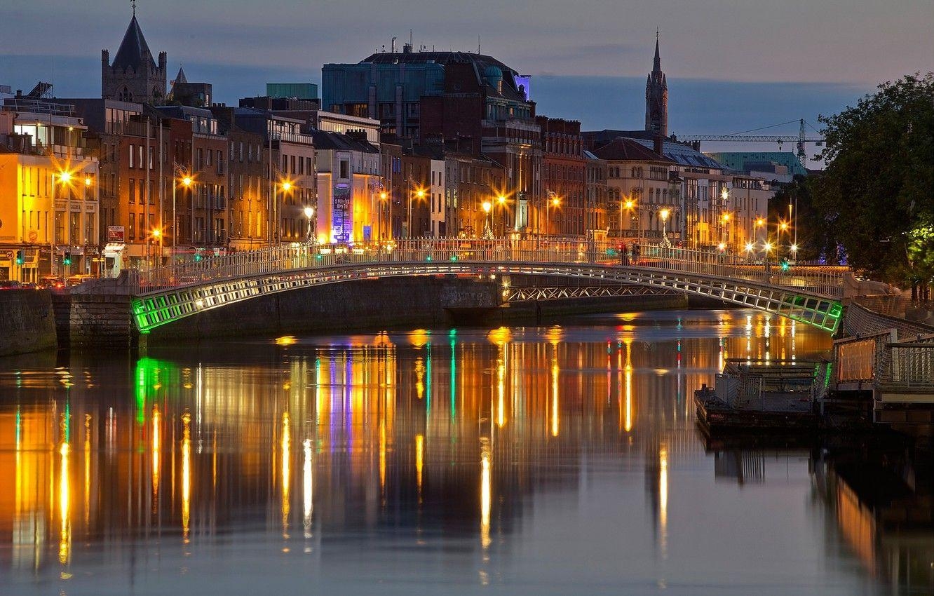 Nachtbrücke, Lichter, Fluss, Dublin, Irland, 1340x850 HD Desktop