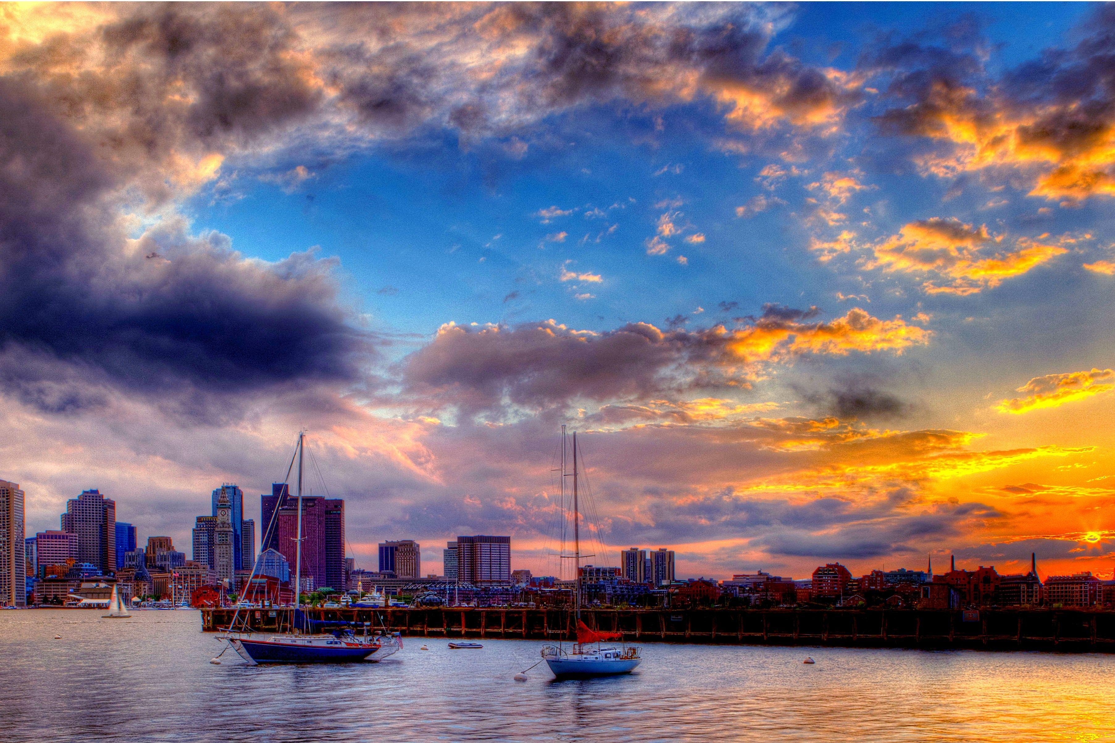 Sonnenuntergang, Boston, Boote, Hafen, Wolken, 3620x2410 4K Desktop