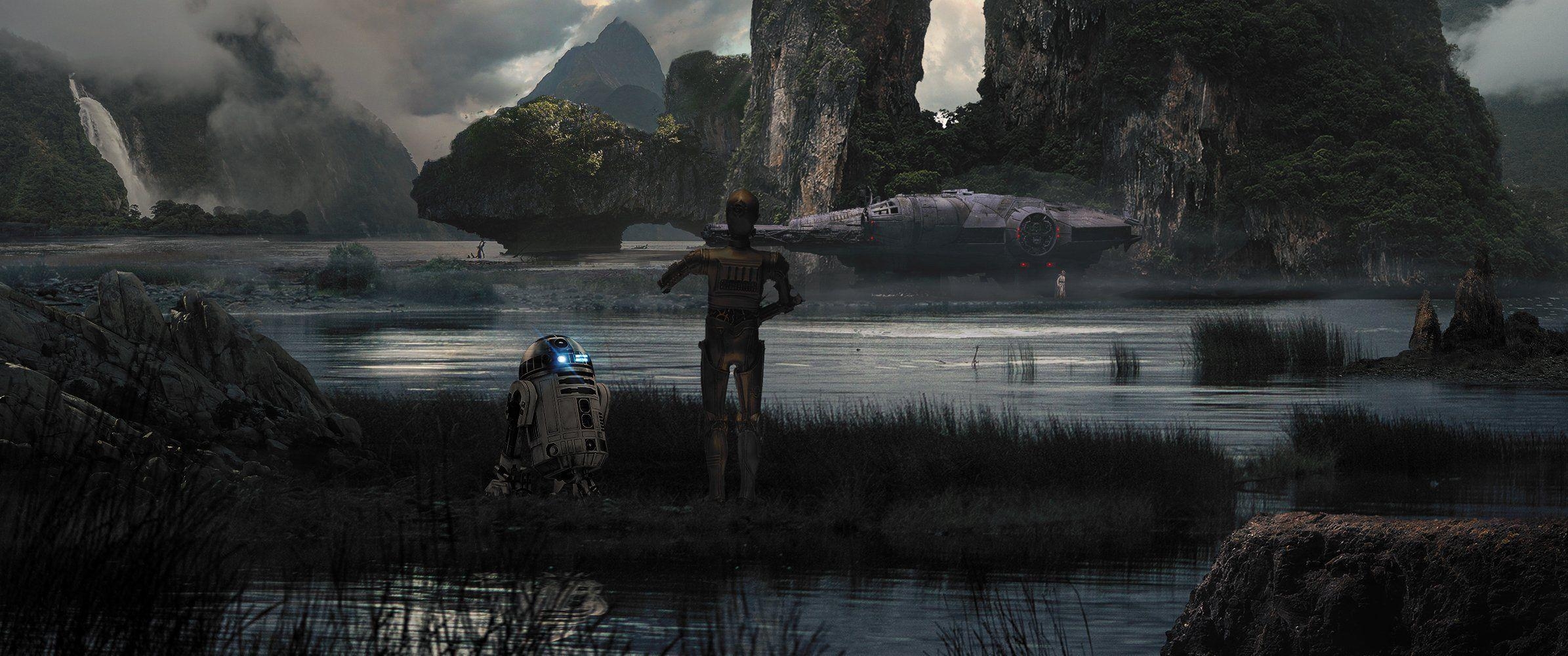 R2-D2, Fan-Art, Star Wars, Millennium Falke, Hintergrund, 2390x1000 Dual Screen Desktop