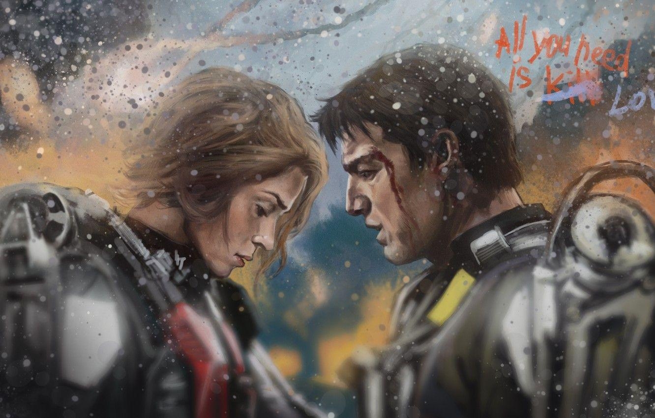 Emily Blunt, Tom Cruise, Edge of Tomorrow, Kunst, Film, 1340x850 HD Desktop