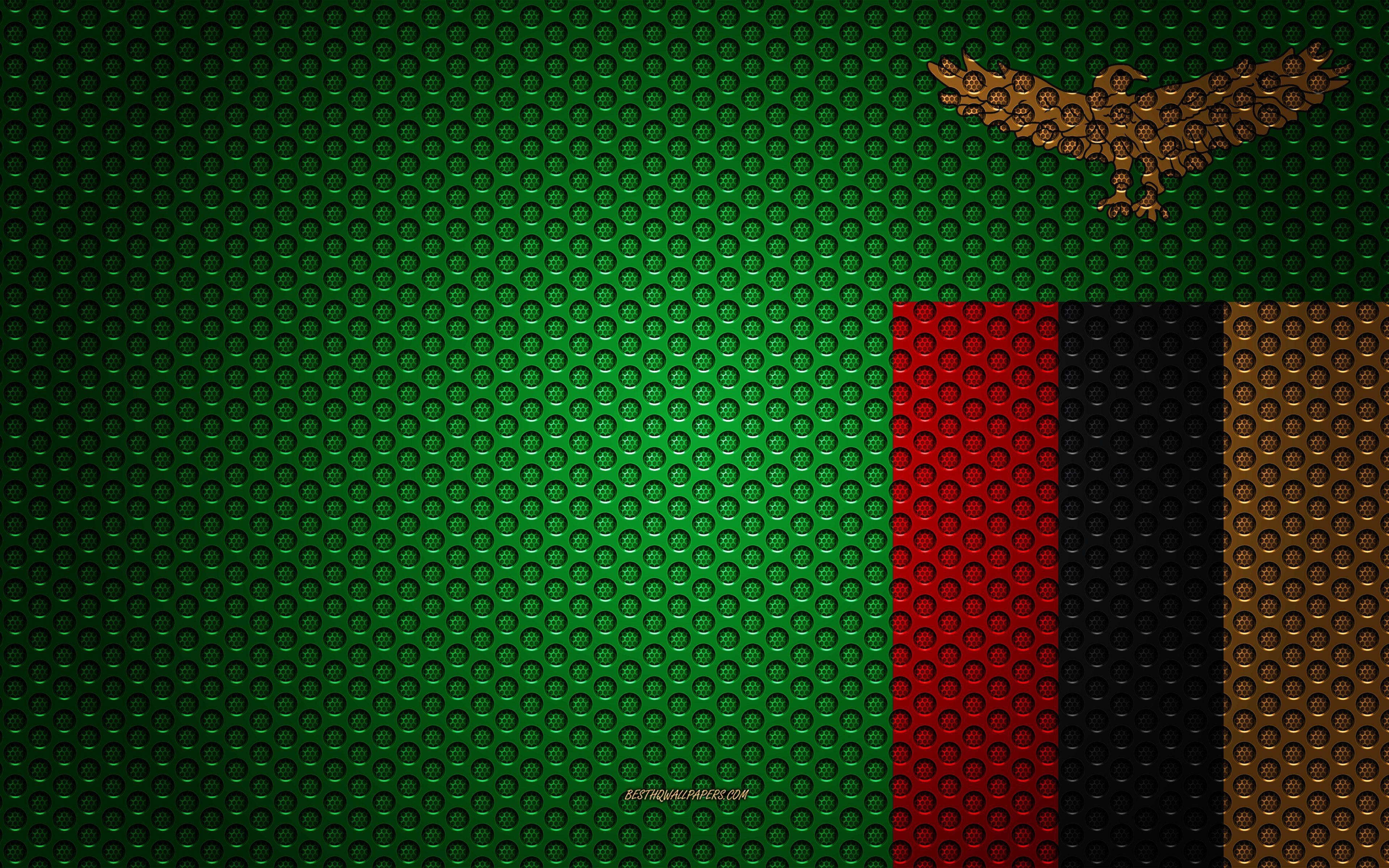 Sambia Flagge, 4K, Metall, Textur, Afrika, 3840x2400 4K Desktop