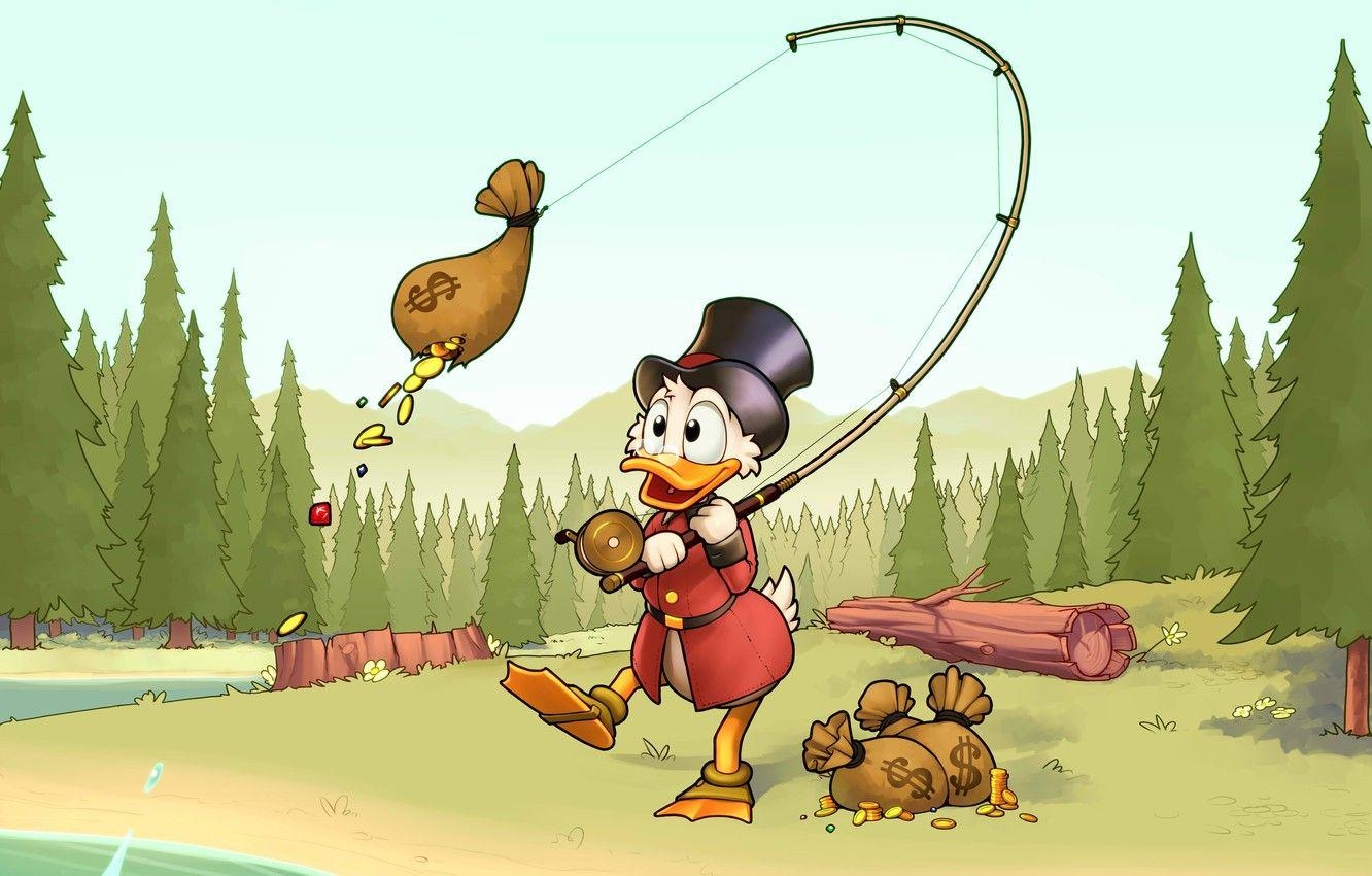 Dagobert Duck, Disney, Wald, Gold, Angeln, 1340x850 HD Desktop