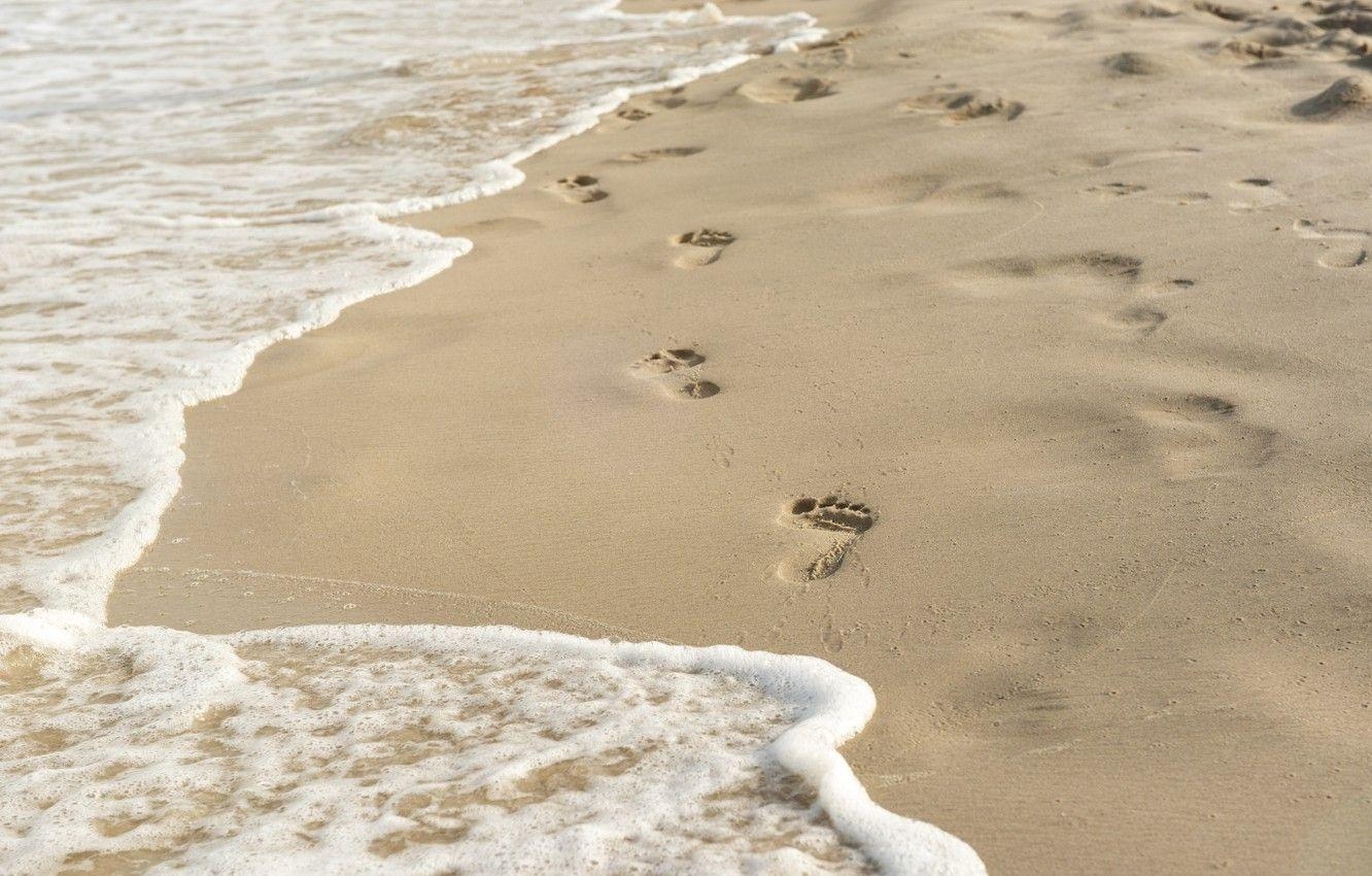 Sand, Wellen, Fußspuren, Sommer, Meer, 1340x850 HD Desktop