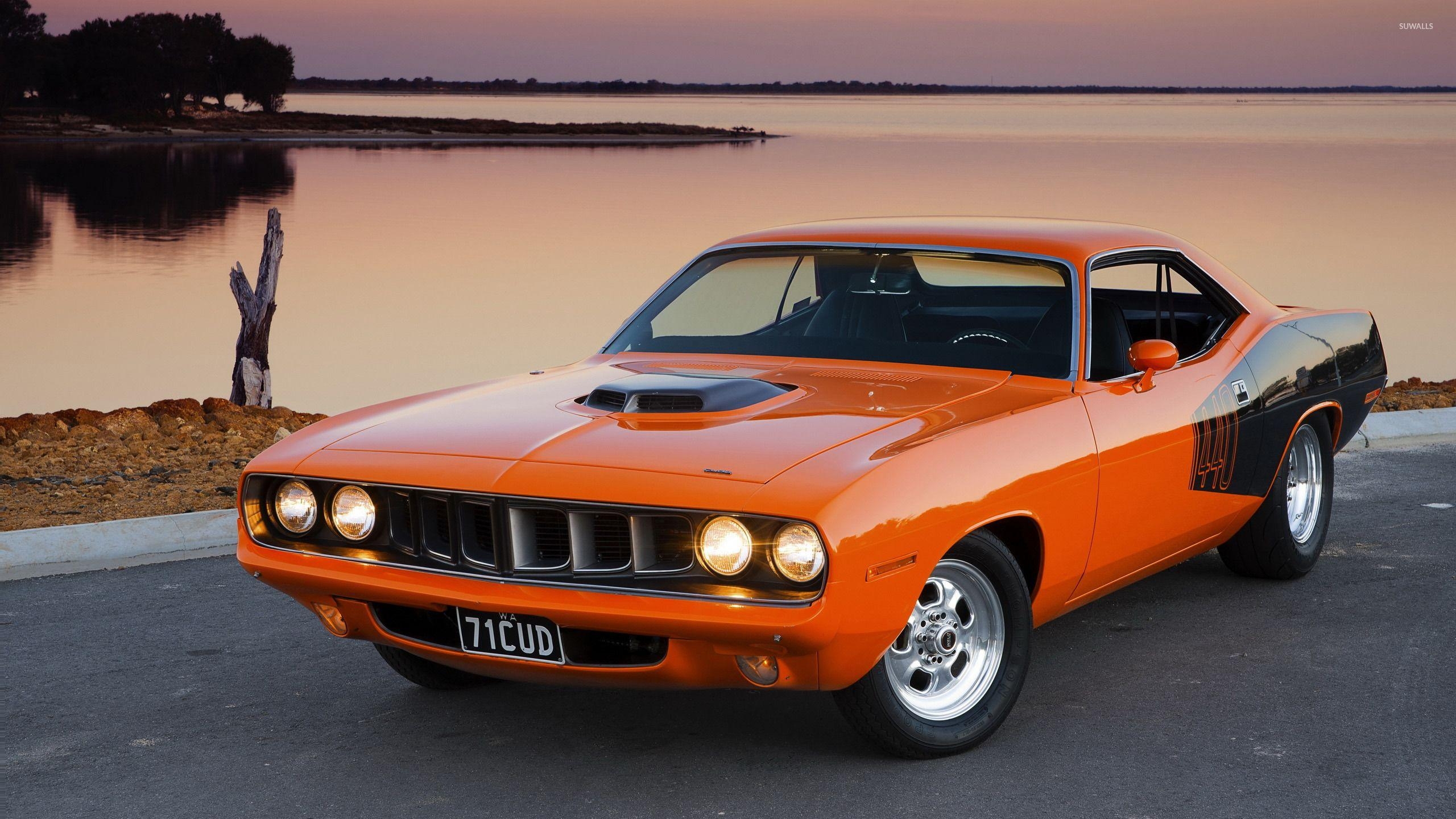 Plymouth Barracuda, Orange, Vorderansicht, Seite, Fahrzeug, 2560x1440 HD Desktop