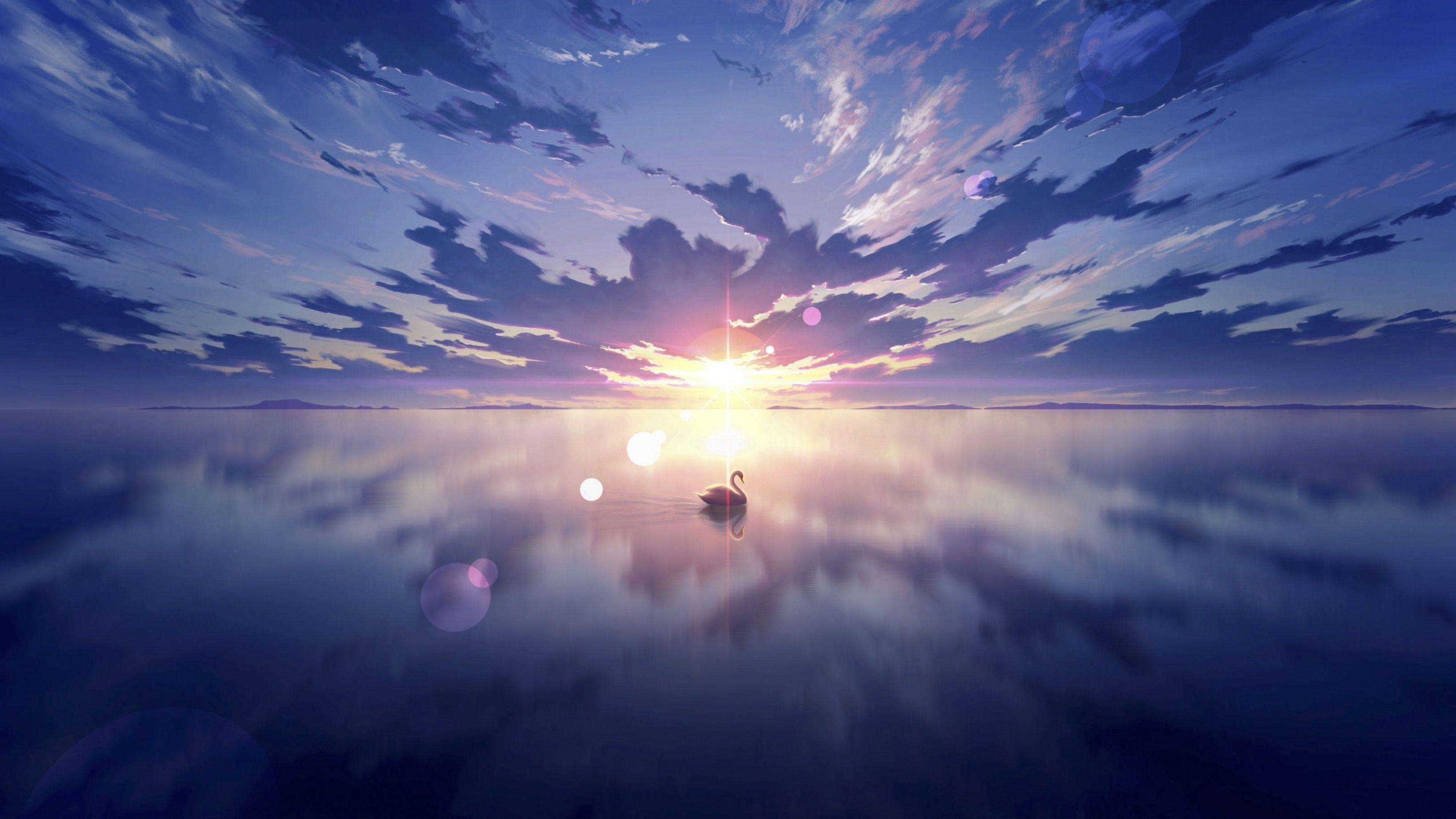 Anime, Landschaft, Überwolken, Sonnenuntergang, Linseneffekt, 3200x1800 HD Desktop