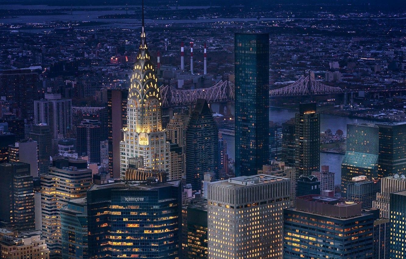 Stadt Lichter, Brücke, Nacht, New York, Chrysler Gebäude, 1340x850 HD Desktop