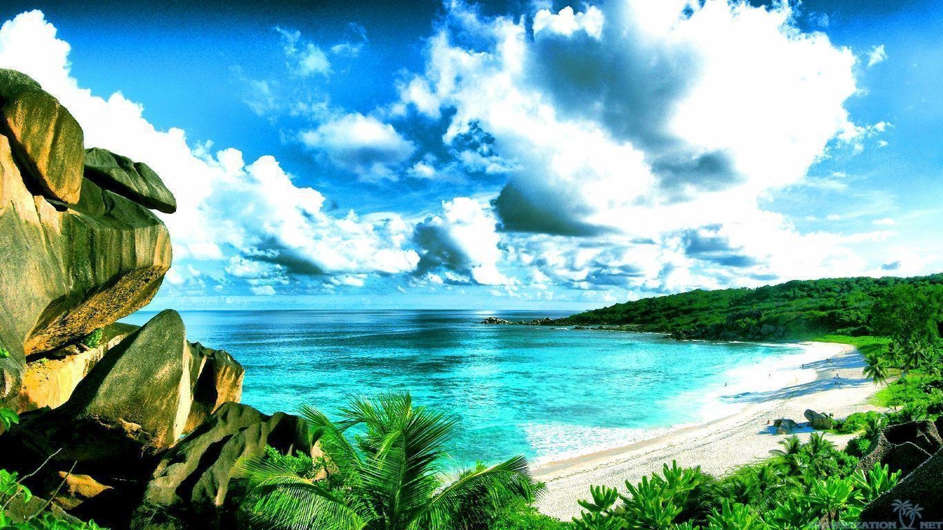 Seychellen, Ozean, Strand, Himmel, Palmen, 1370x770 HD Desktop