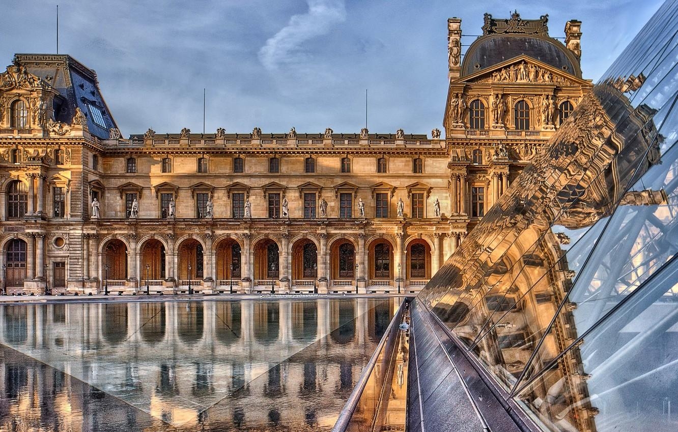 Louvre, Spiegelung, Paris, Pyramide, Architektur, 1340x850 HD Desktop