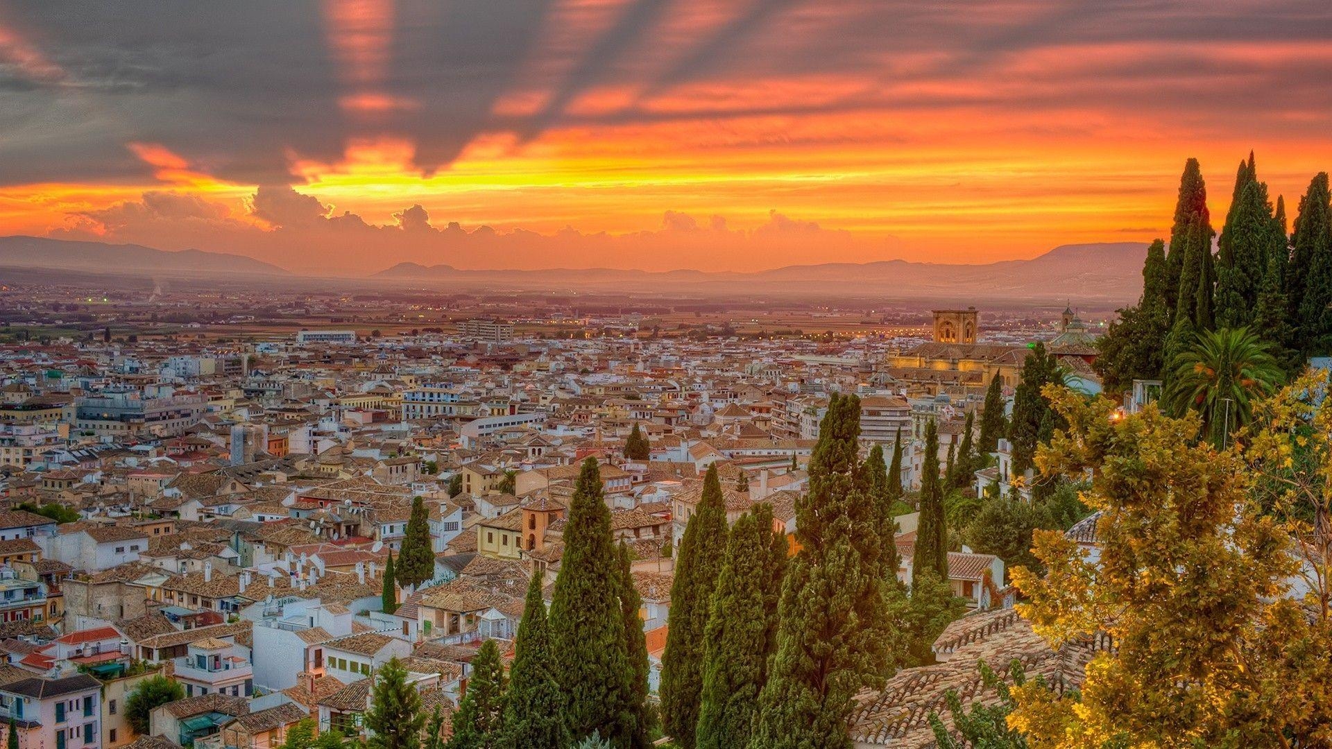 Spanien Reisen, Stadtansichten, Natur, Sonnenuntergang, Bäume, 1920x1080 Full HD Desktop