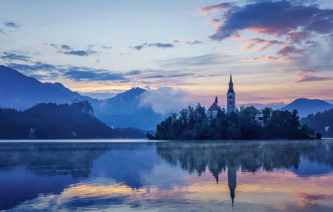 Slowenien, Berge, Seespiegelung, Inselkirche, Landschaft, 1340x850 HD Desktop