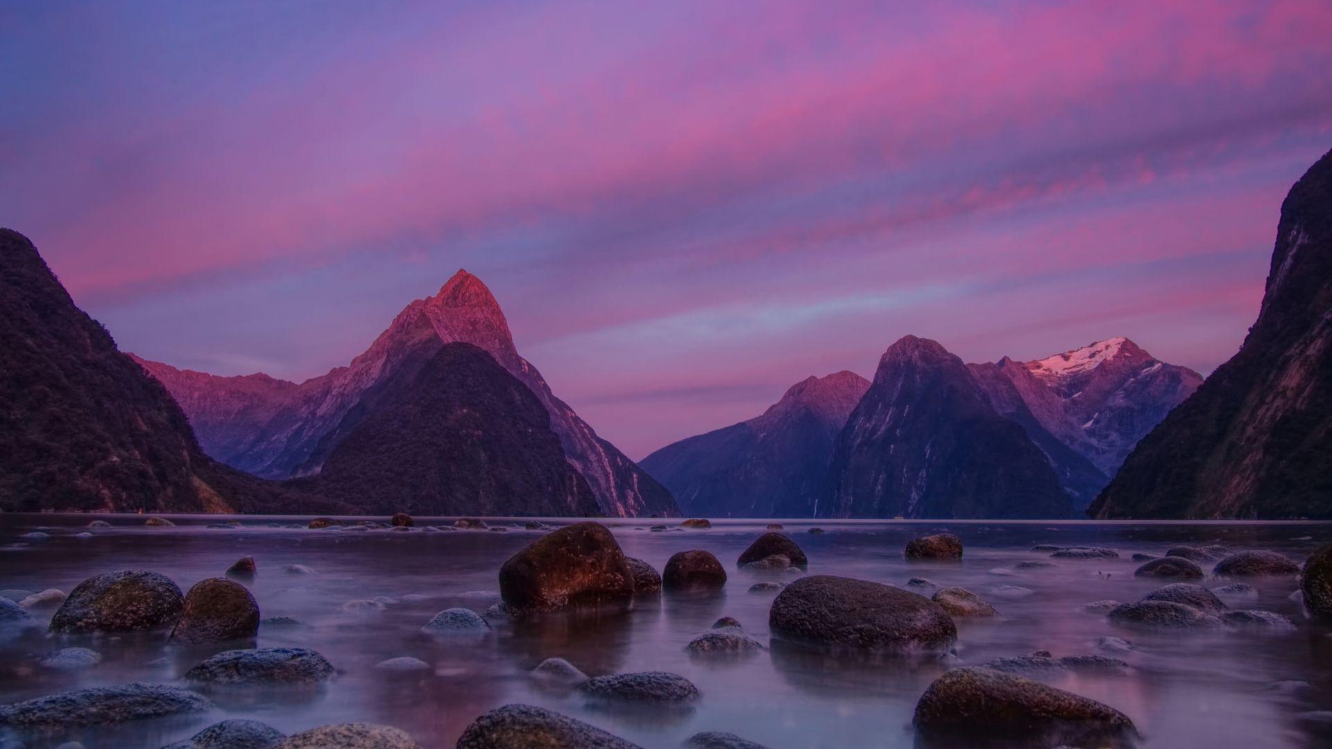 Milford Sound, Berge, Felsen, Sonnenuntergang, Hintergrund, 1920x1080 Full HD Desktop