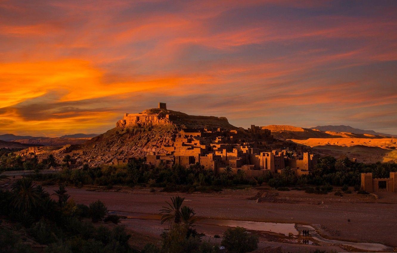 Marokko Stadt, Turm, Bergblick, Afrikanische Metropole, Abendglühen, 1340x850 HD Desktop