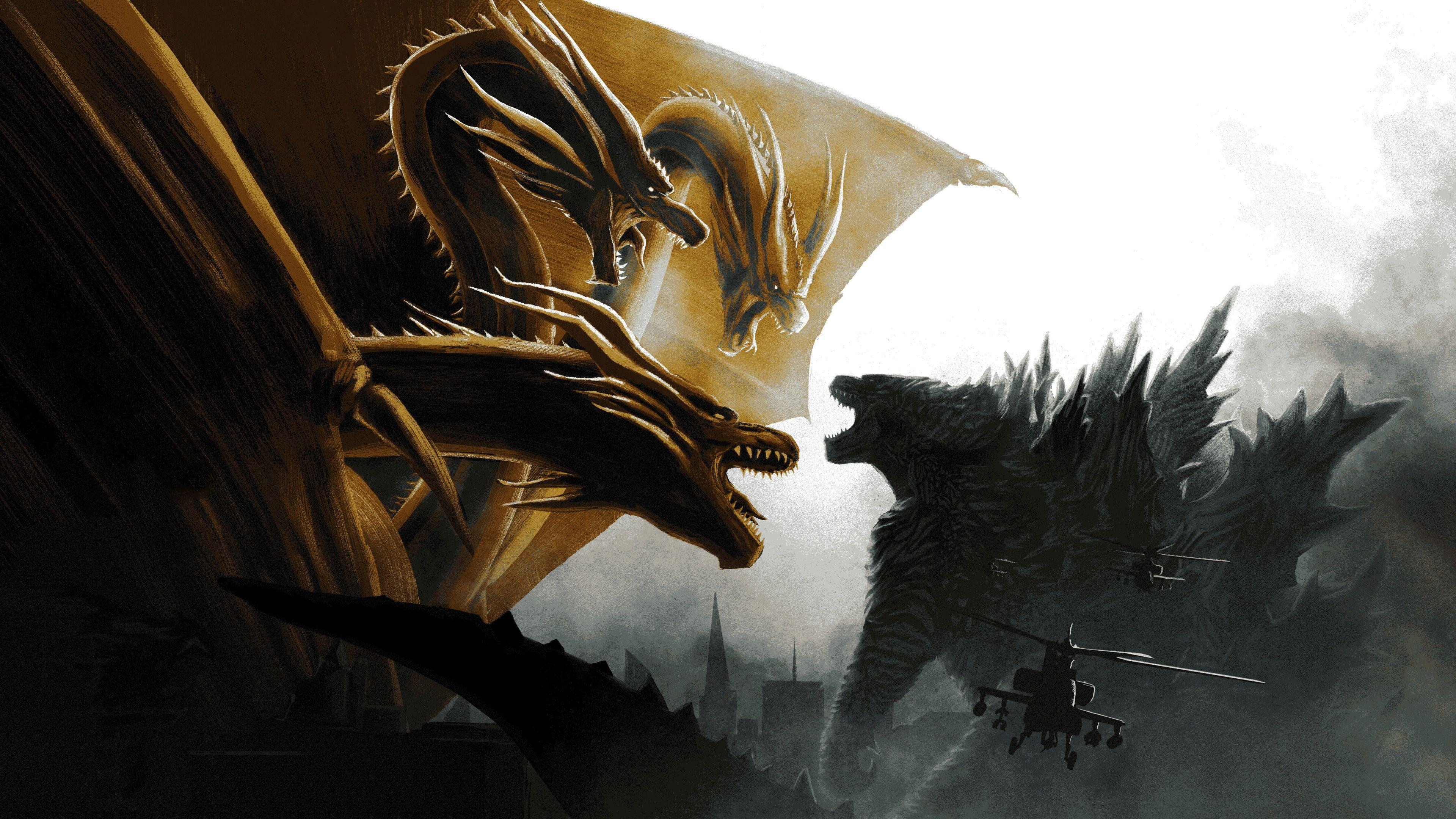 Godzilla, King Ghidorah, König, Kampf, Monster, 3840x2160 4K Desktop