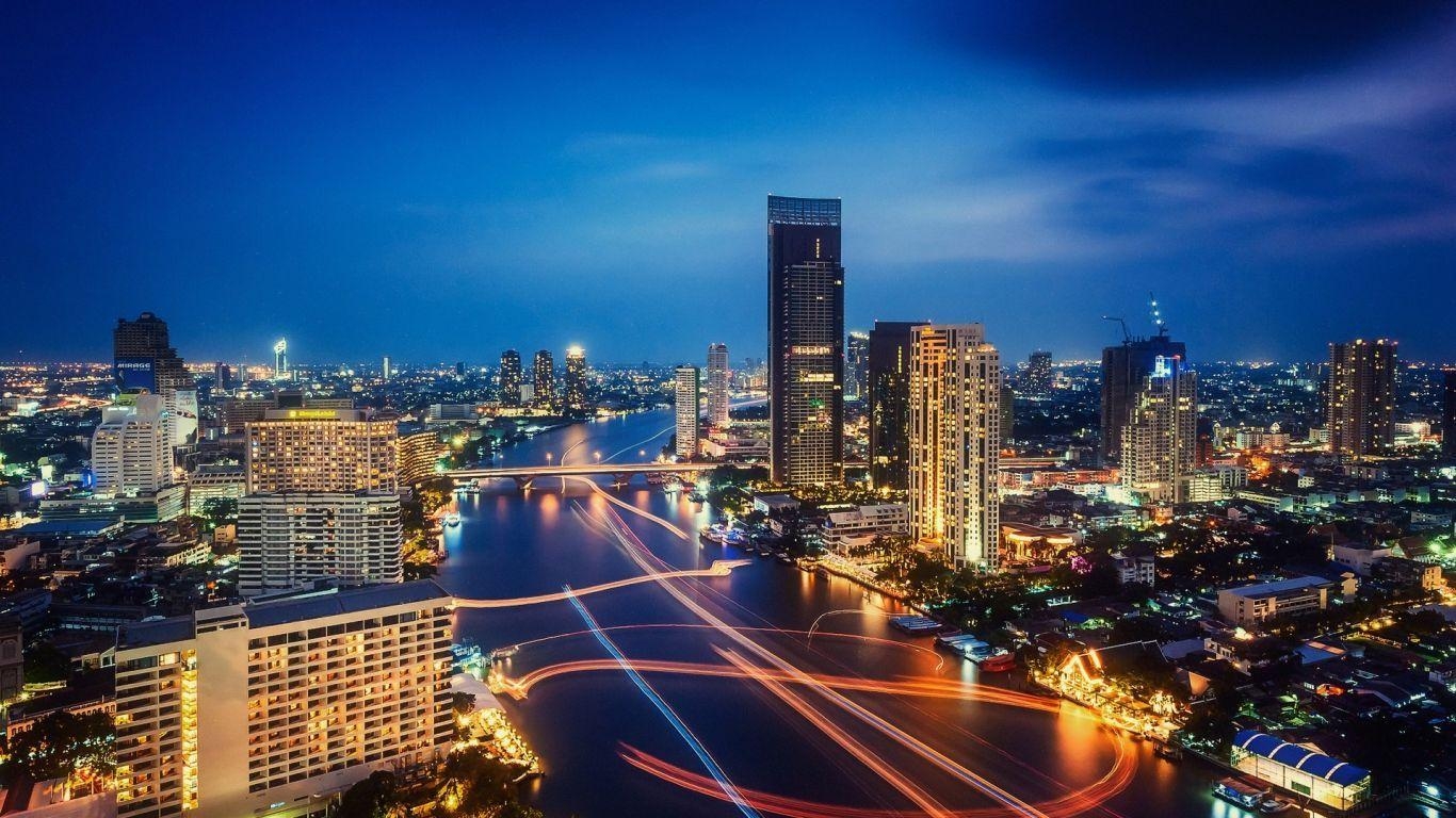 Bangkok, Thailand, Nacht, Stadtlichter, Urban, 1370x770 HD Desktop