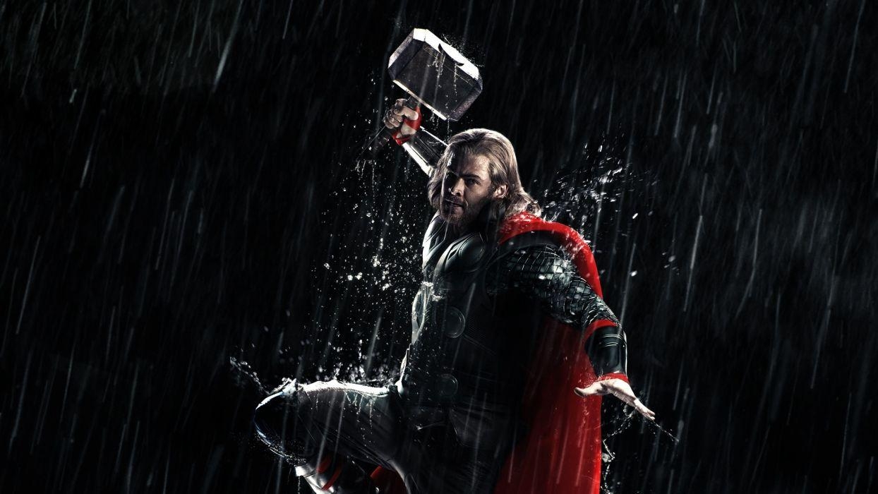 Thor, Mjölnir, Marvel, Chris Hemsworth, Regen, 1250x700 HD Desktop