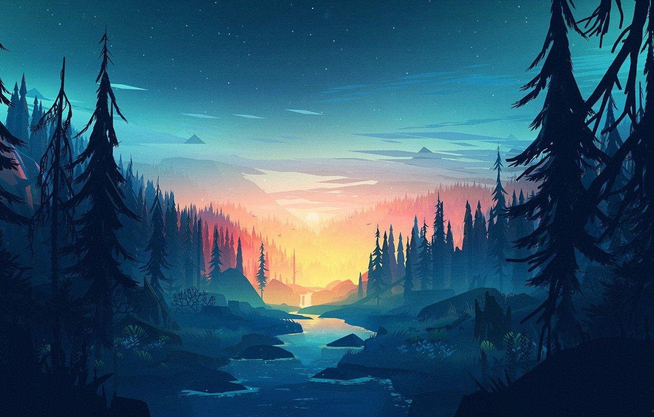 Firewatch, Sonnenuntergang, Berge, Fluss, Spiel, 1340x850 HD Desktop