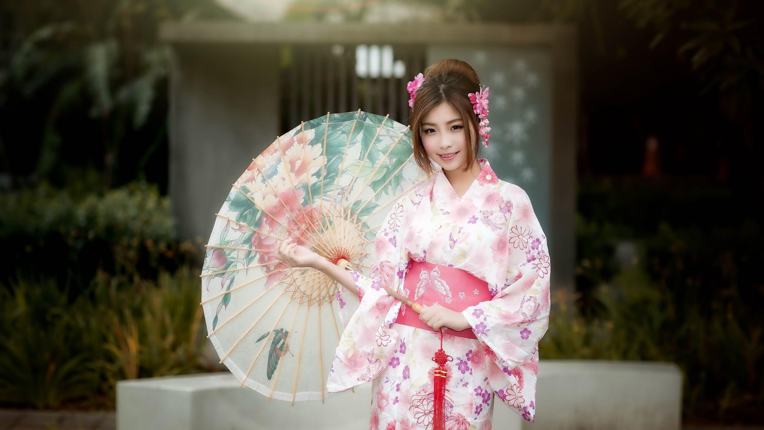 Schöne, Japanisches Mädchen, Kimono, Regenschirm, Bilder, 2560x1440 HD Desktop