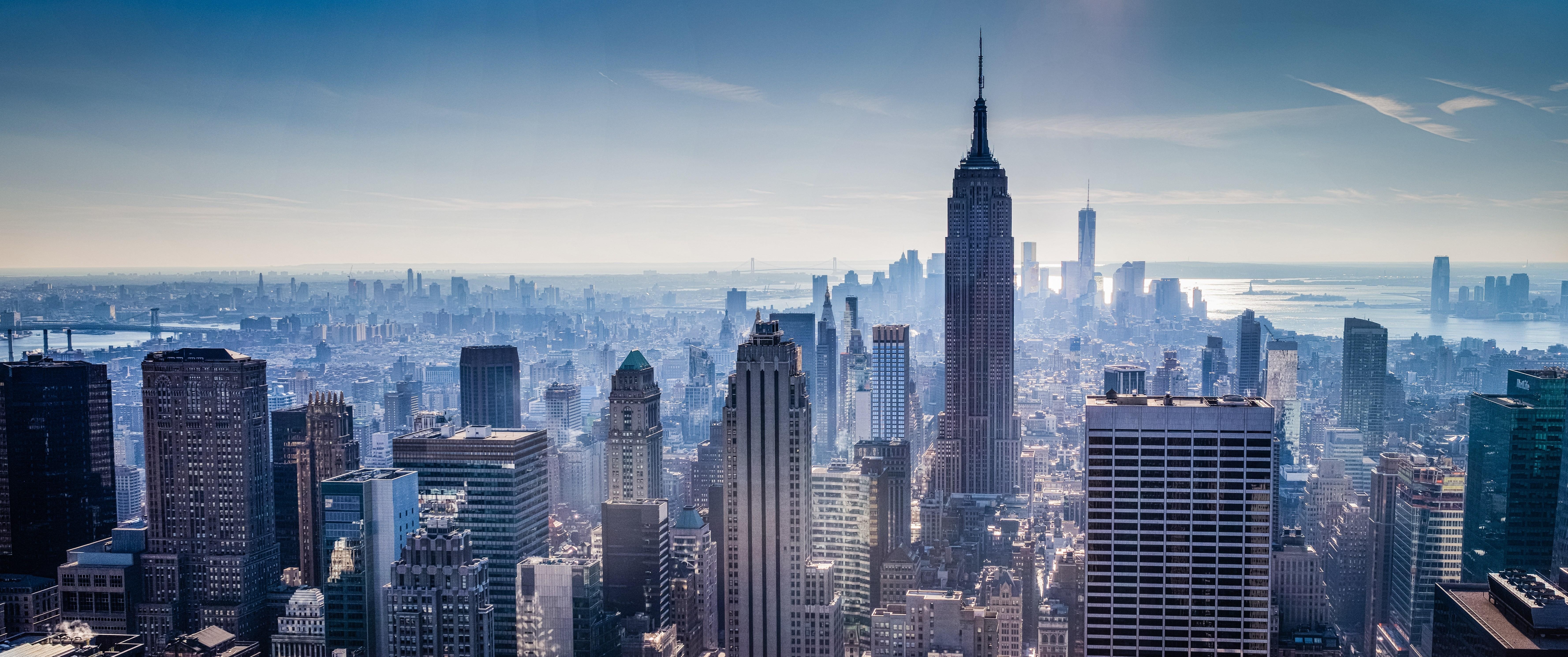 Neue York, 4K Hochhäuser, Rockefeller Center, Wolkenkratzer, Skyline, 7120x2980 4K Desktop