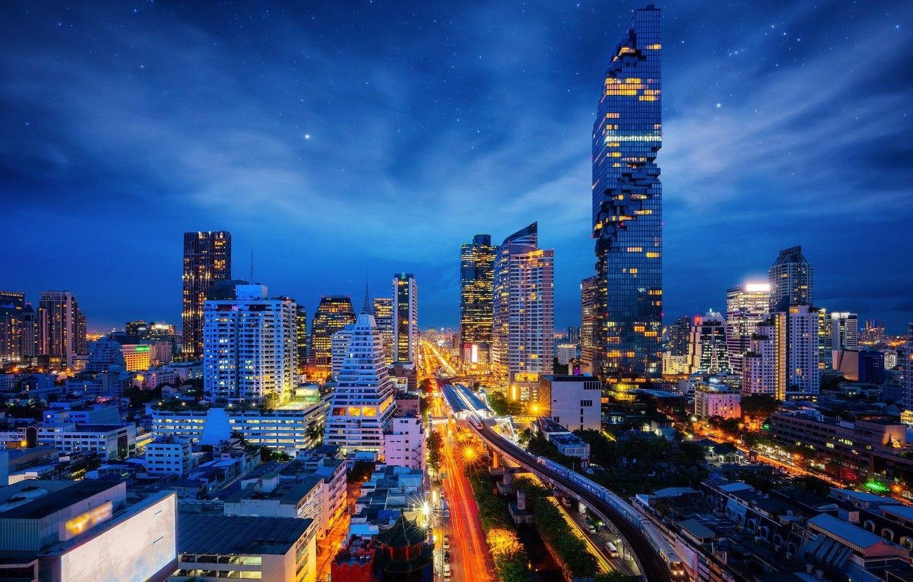 Bangkok, Himmel, Gebäude, Thailand, Nachtbild, 1340x850 HD Desktop