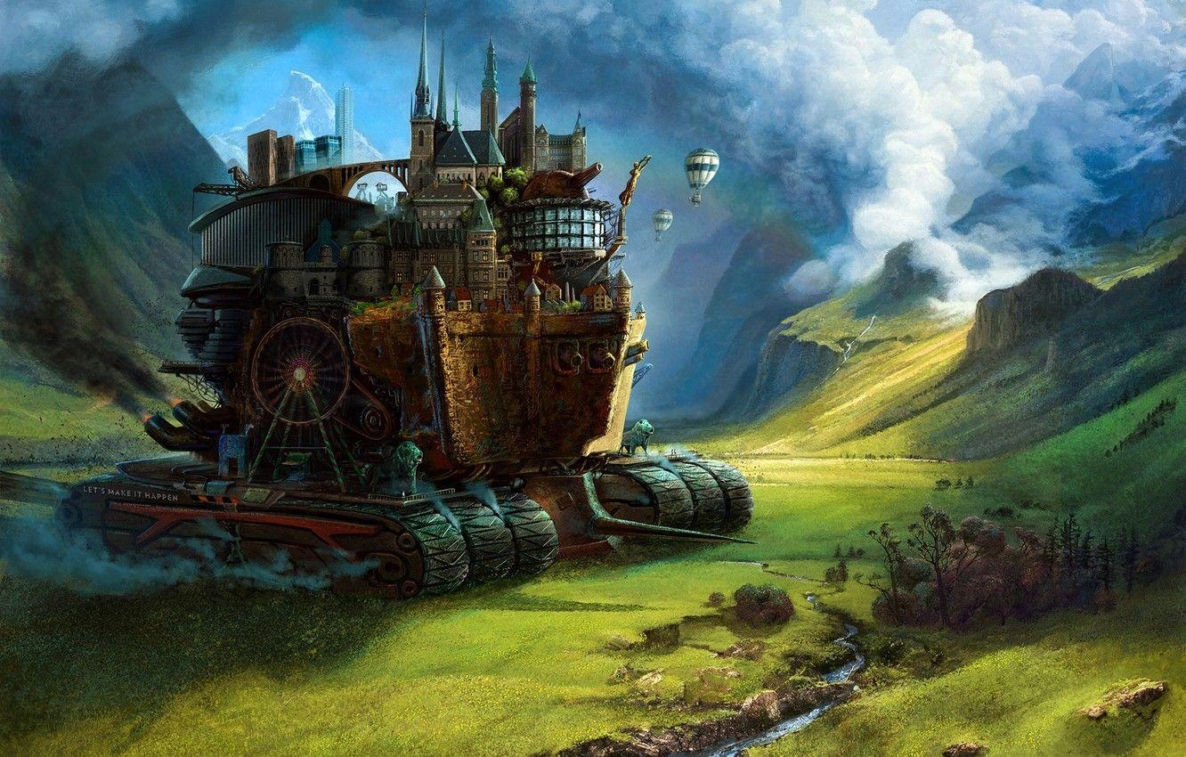 Wald, Berge, Stadt, Mortal Engines, Kunst, 1340x850 HD Desktop