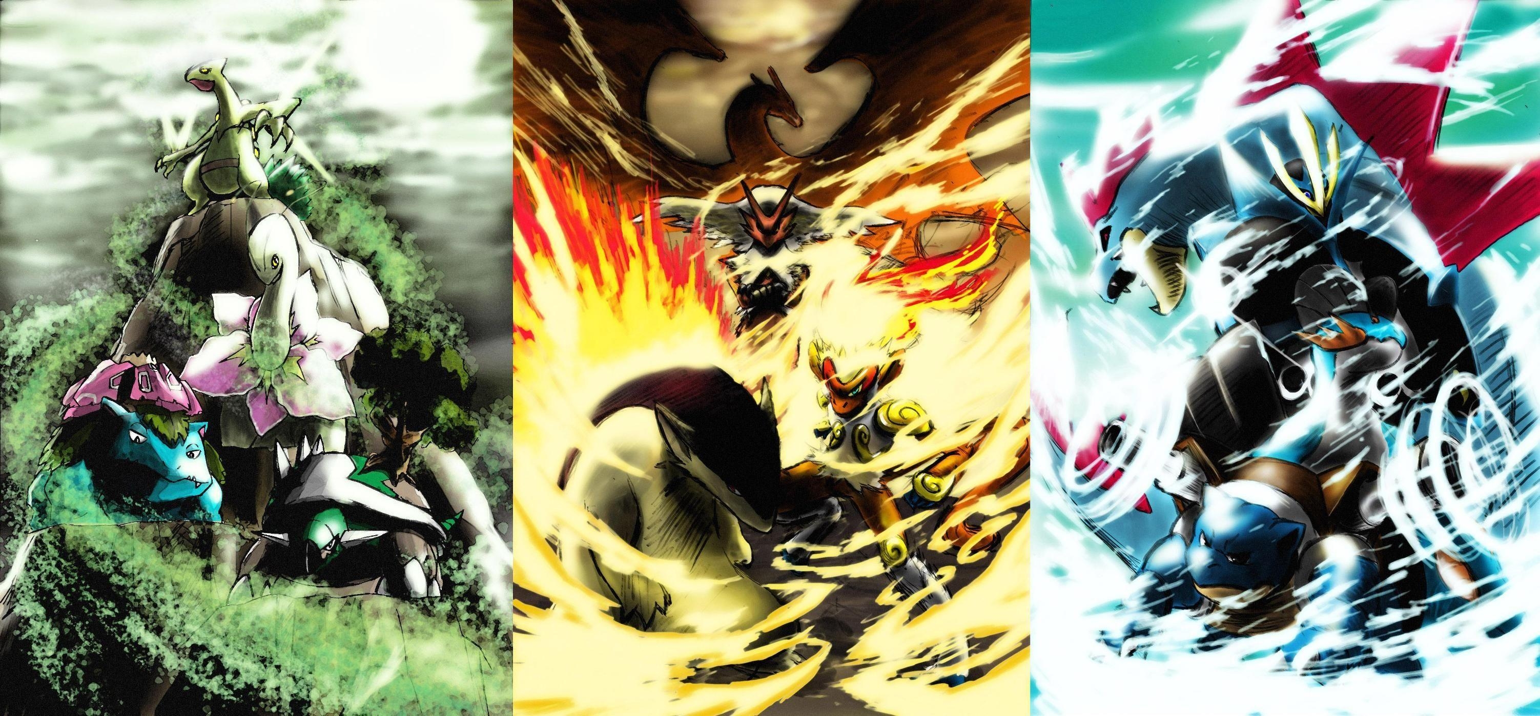 Venusaur, Blastoise, Blaziken, Charizard, Infernape, 3010x1400 Dual Screen Desktop