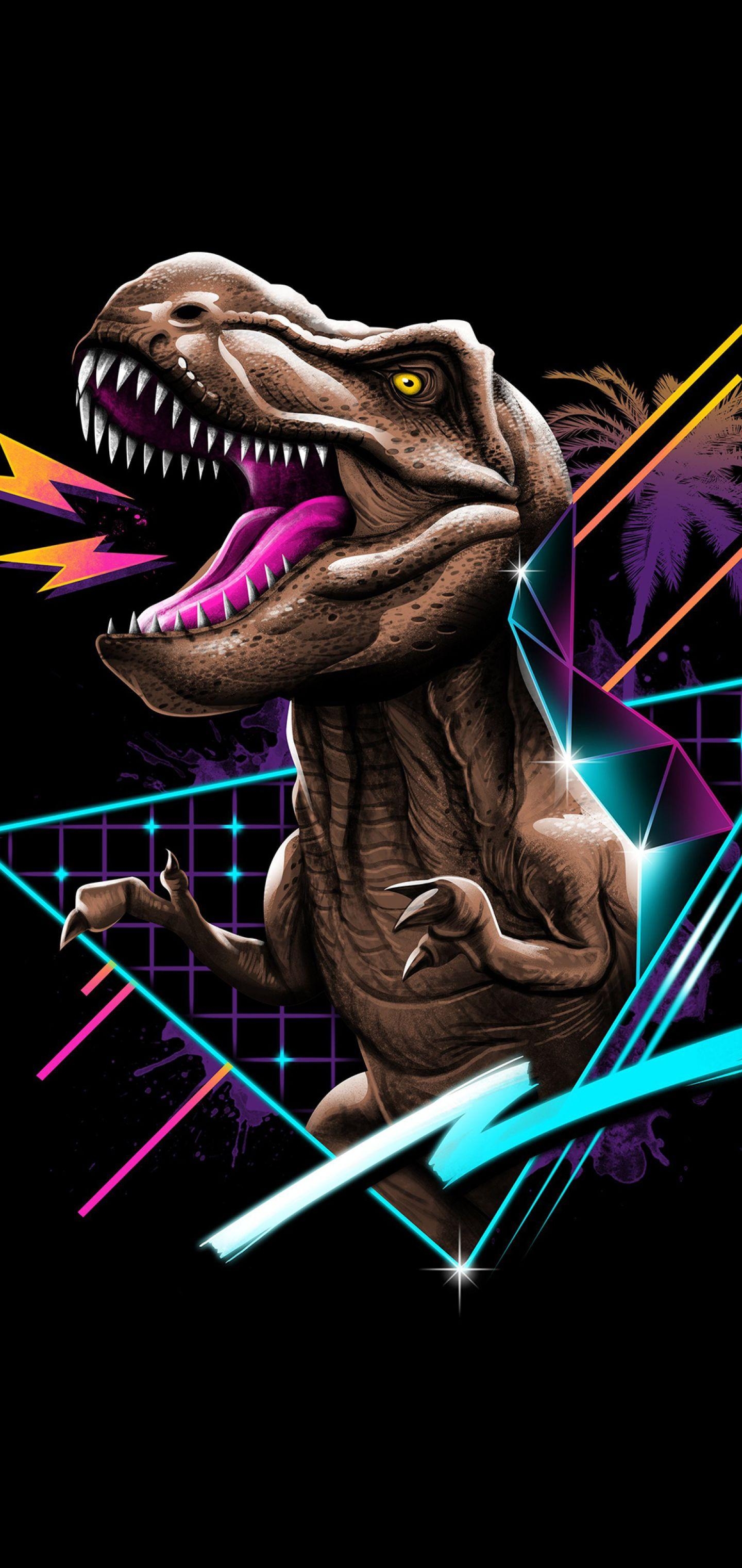 Tyrannosaurus Rex, Dinosaurier, Retrowave, Künstler, 4K, 1440x3040 HD Handy