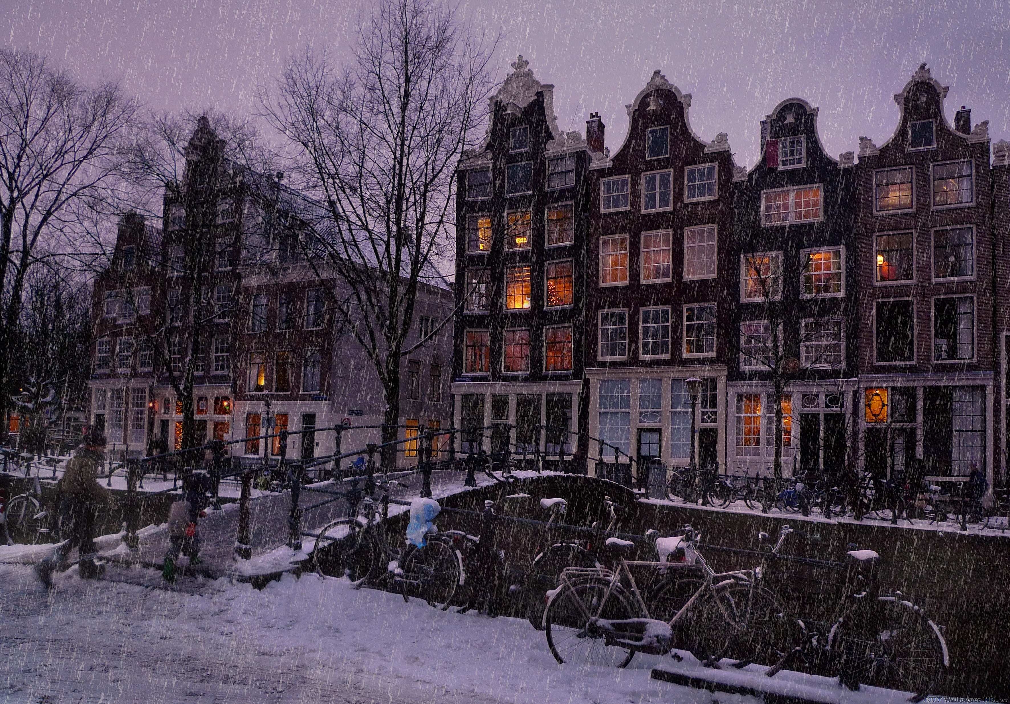 Amsterdam, Winterabend, Stadtansicht, Niederlande, Architektur, 3550x2470 4K Desktop