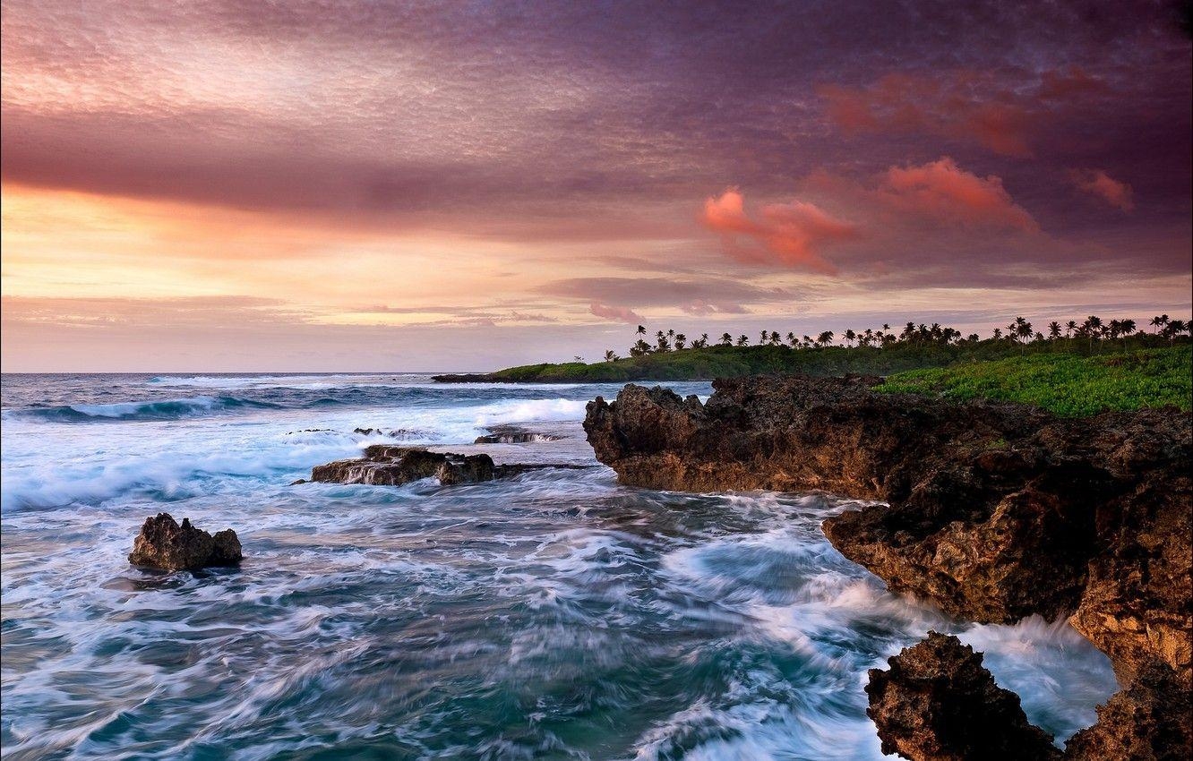 Cookinseln, Himmel, Wolken, Ozean, Küste, 1340x850 HD Desktop